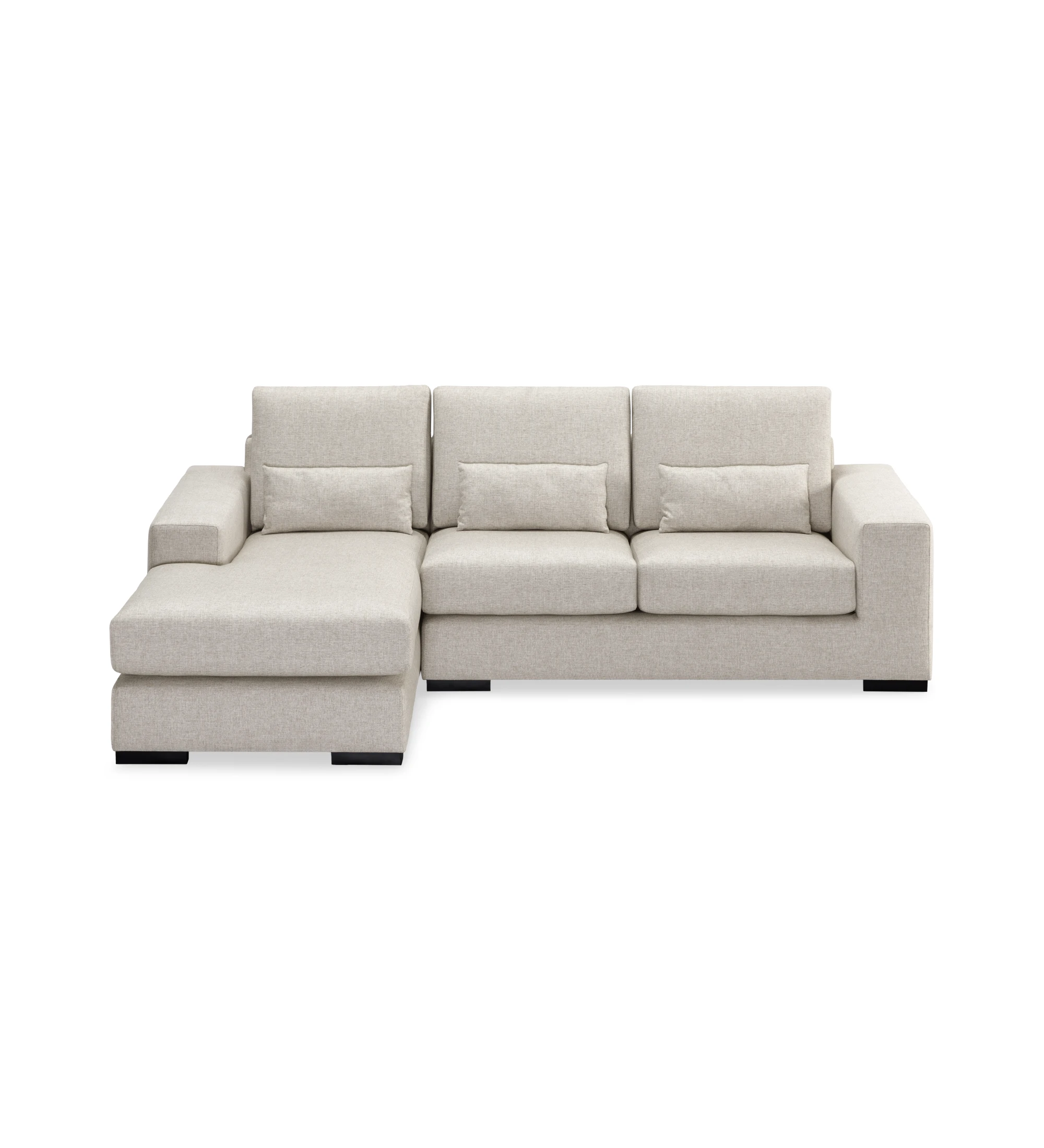 Canapé Geneve 2 places et chaise longue gauche, recouvert en tissu beige, 241 cm.