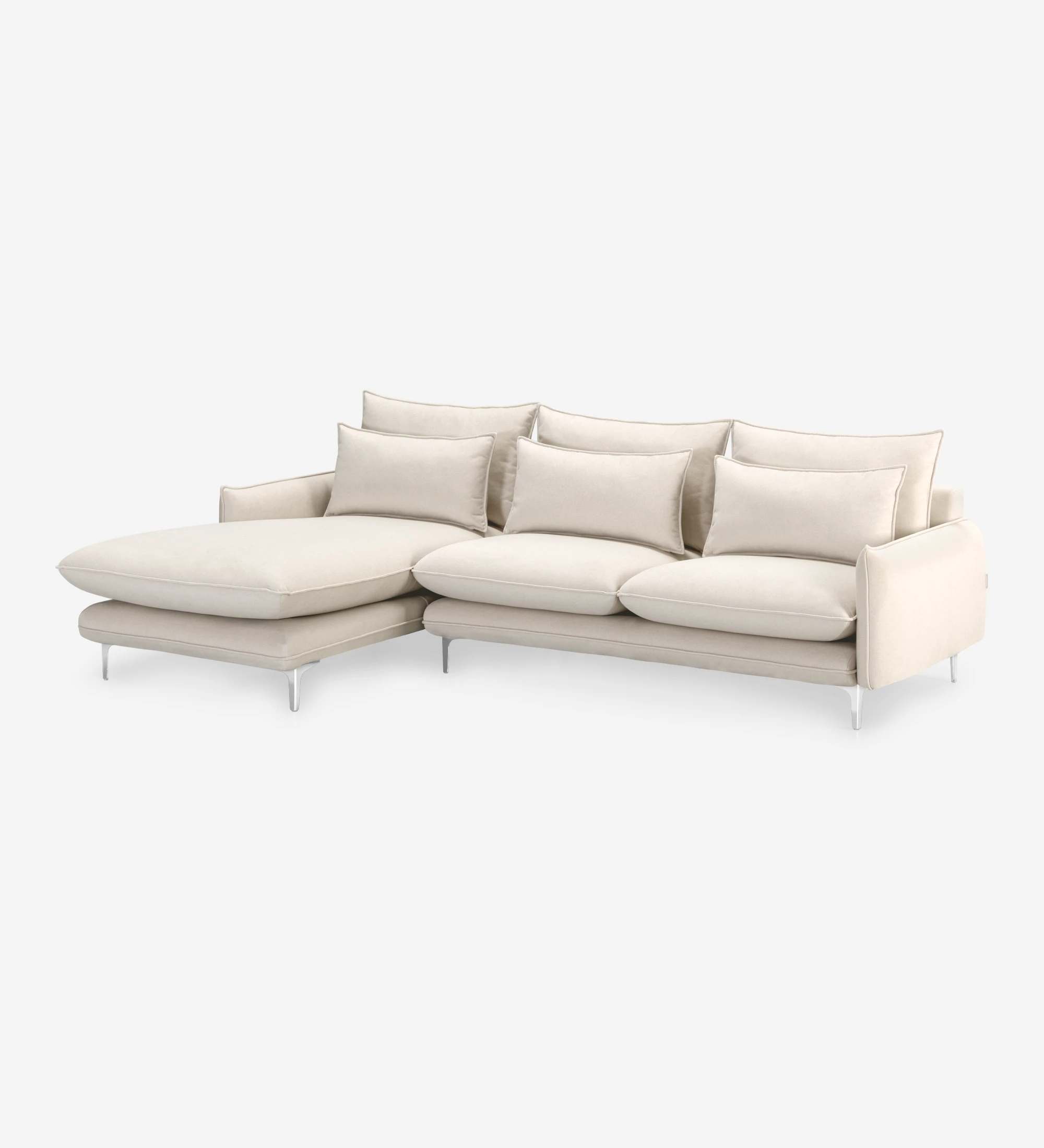 Canapé Veneza 2 places et chaise longue droite, recouvert en tissu beige, pieds en métal, 259 cm.