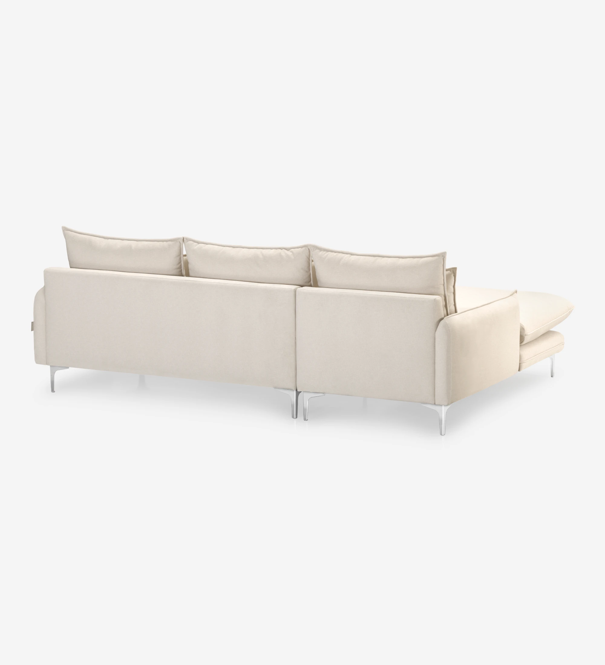 Sofá Veneza 3 plazas y chaise longue derecha, tapizado en tela beige, pies en metal, 259 cm.