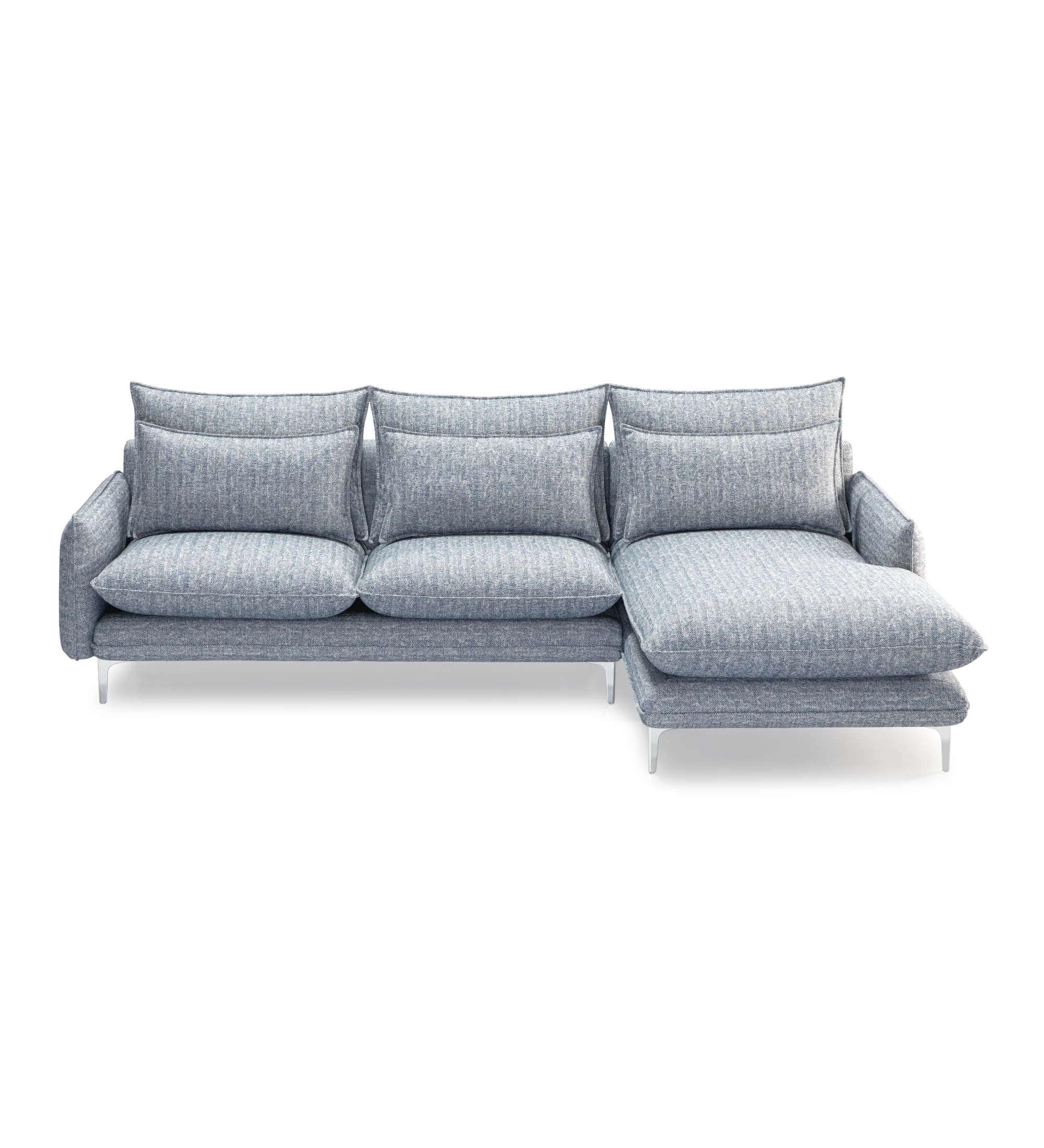 Veneza 2-seater sofa and left chaise longue, upholstered in blue fabric, metal feet, 259 cm.