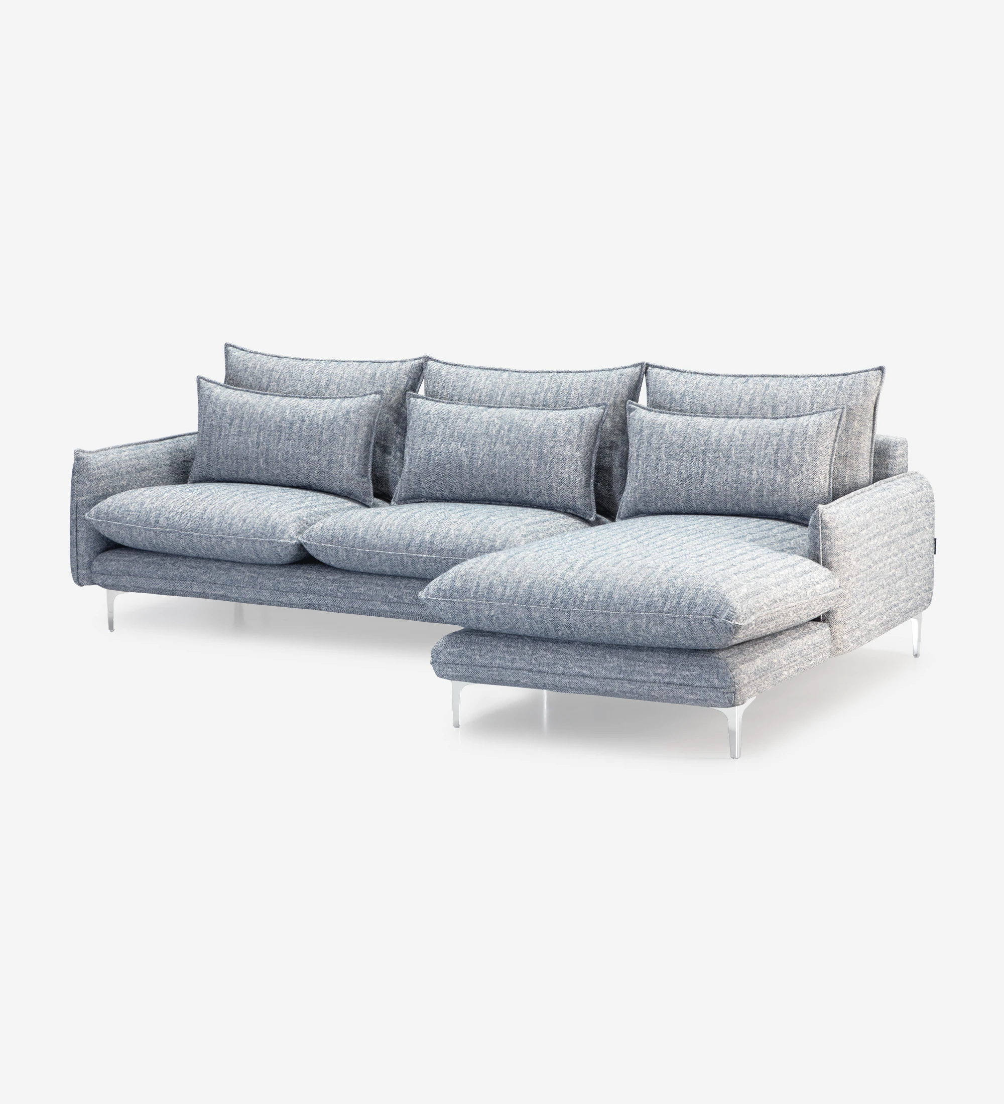 Veneza 2-seater sofa and left chaise longue, upholstered in blue fabric, metal feet, 259 cm.