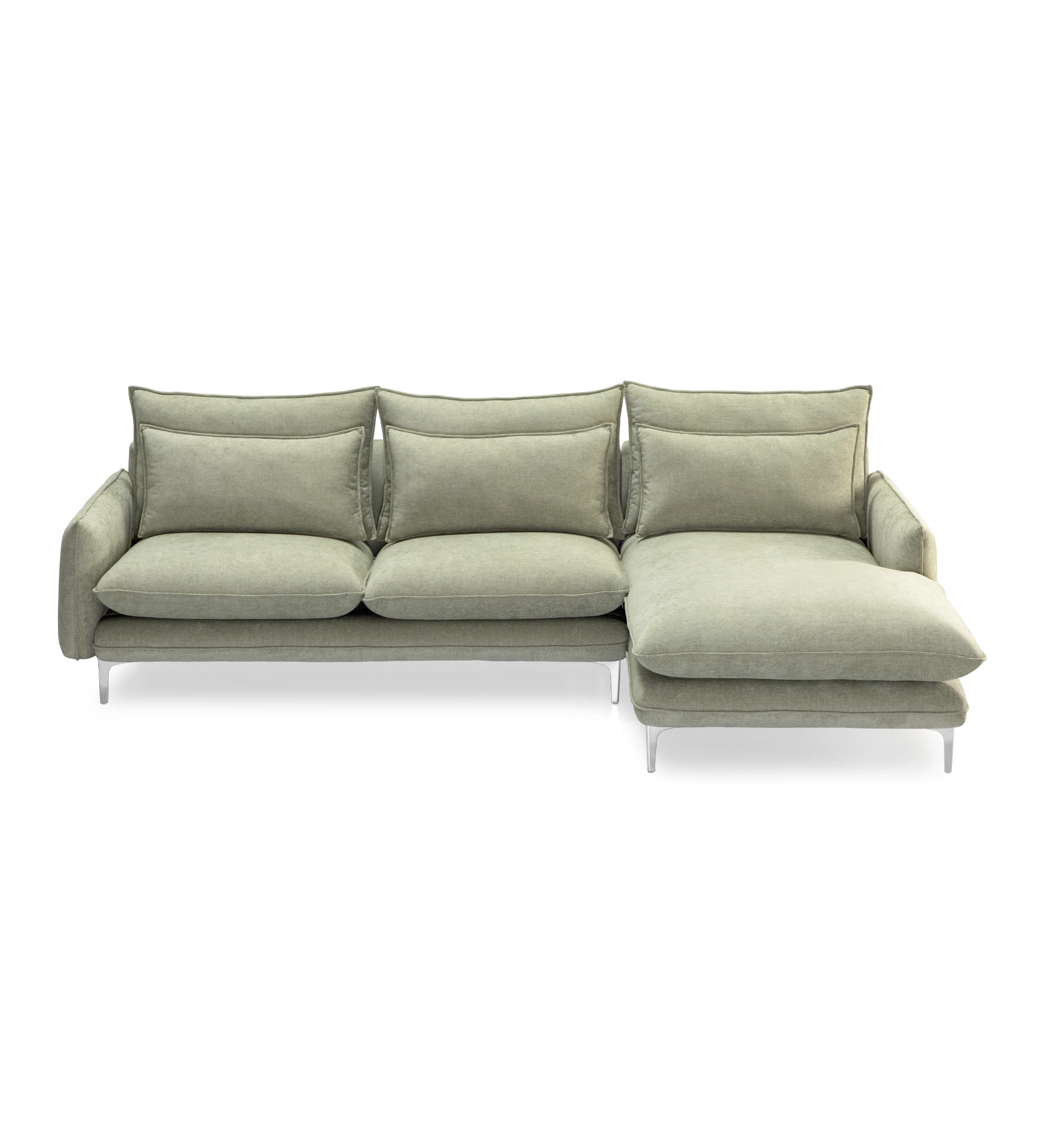 Canapé Veneza 2 places et chaise longue gauche, recouvert en tissu vert, pieds en métal, 259 cm.