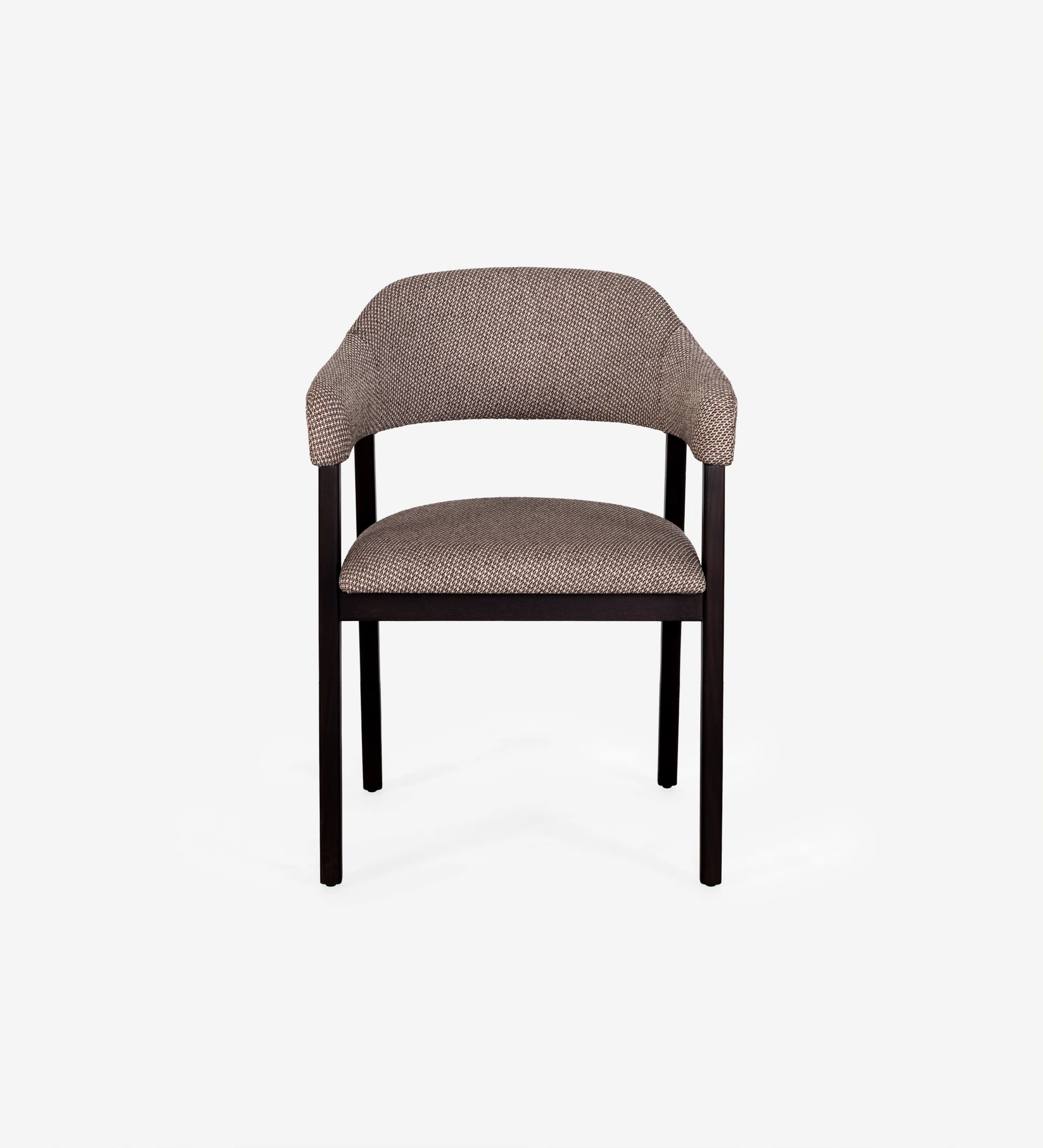 Chair with armrests, in dark brown ash wood, with seat and back upholstered in fabric