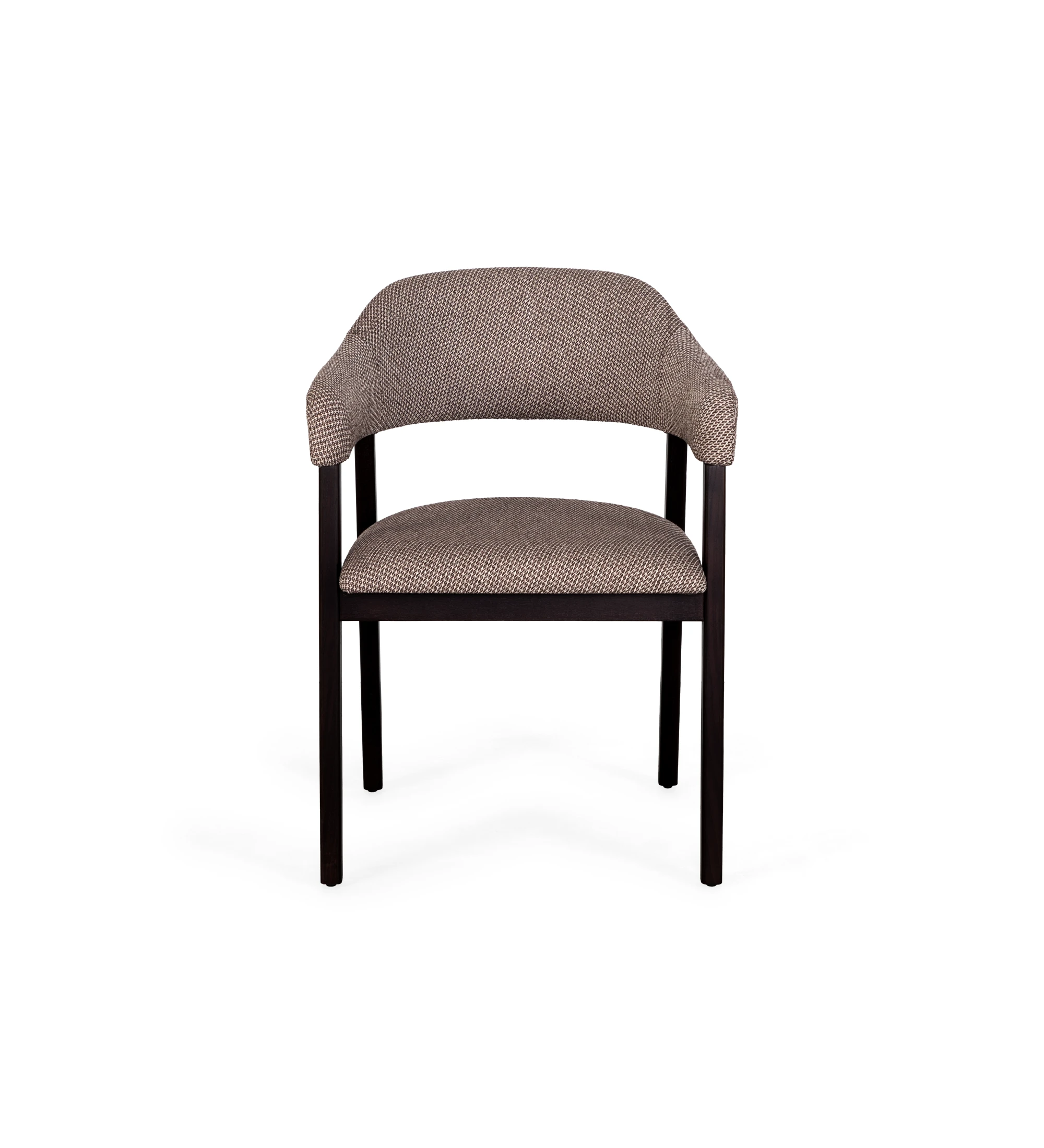 Chair with armrests, in dark brown ash wood, with seat and back upholstered in fabric