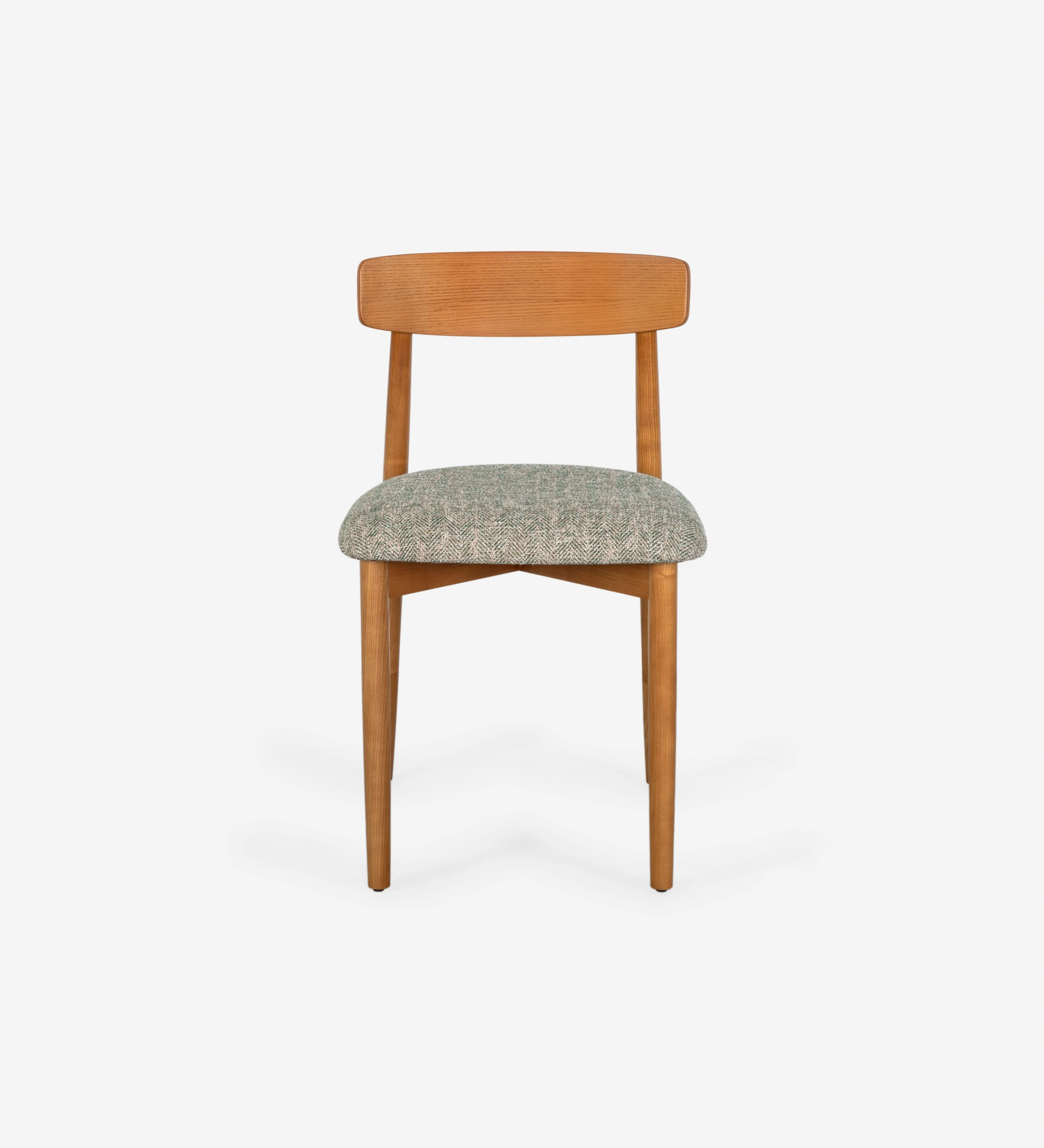 Honey colored wooden chair with fabric upholstered seat