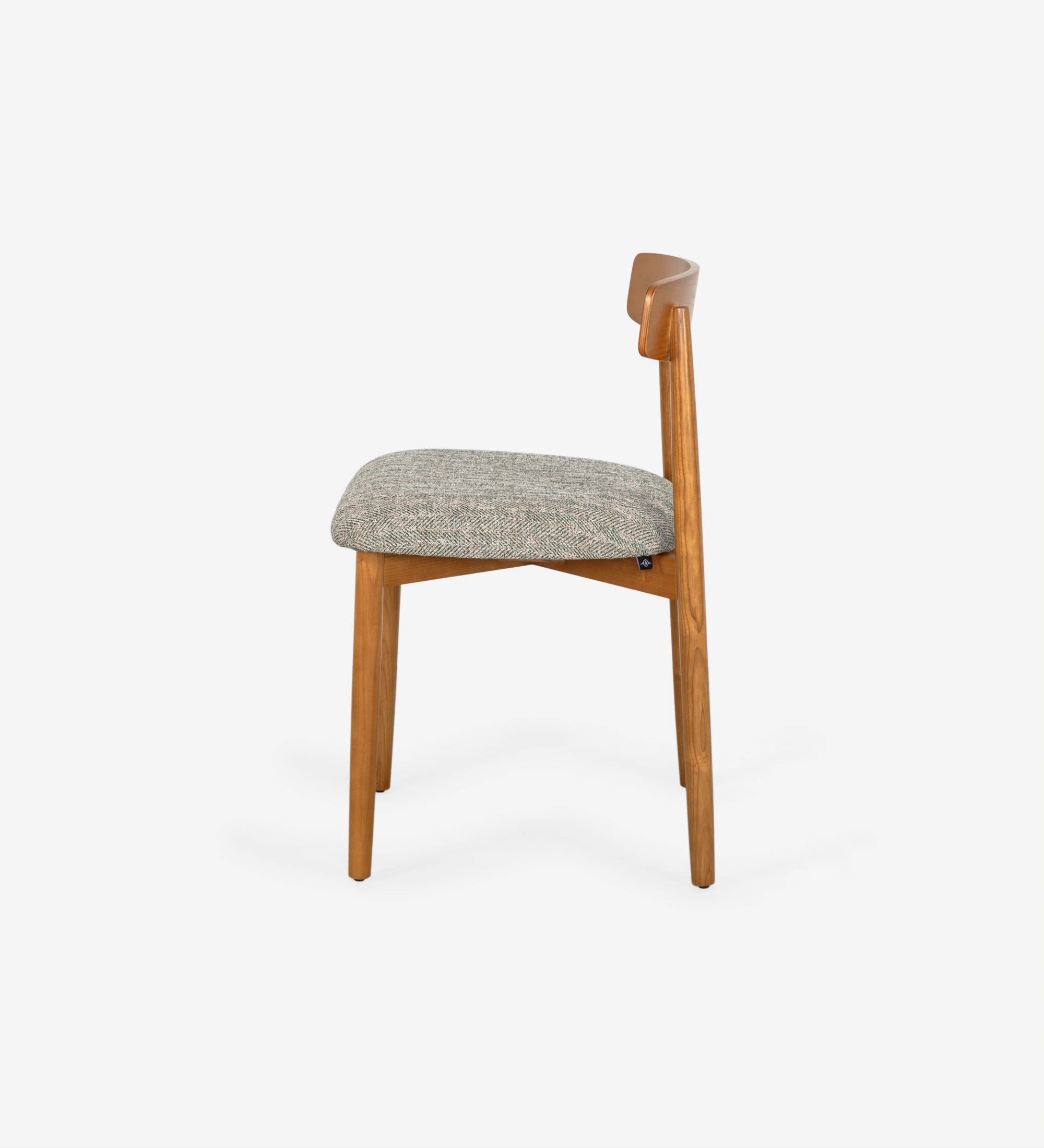 Honey colored wooden chair with fabric upholstered seat