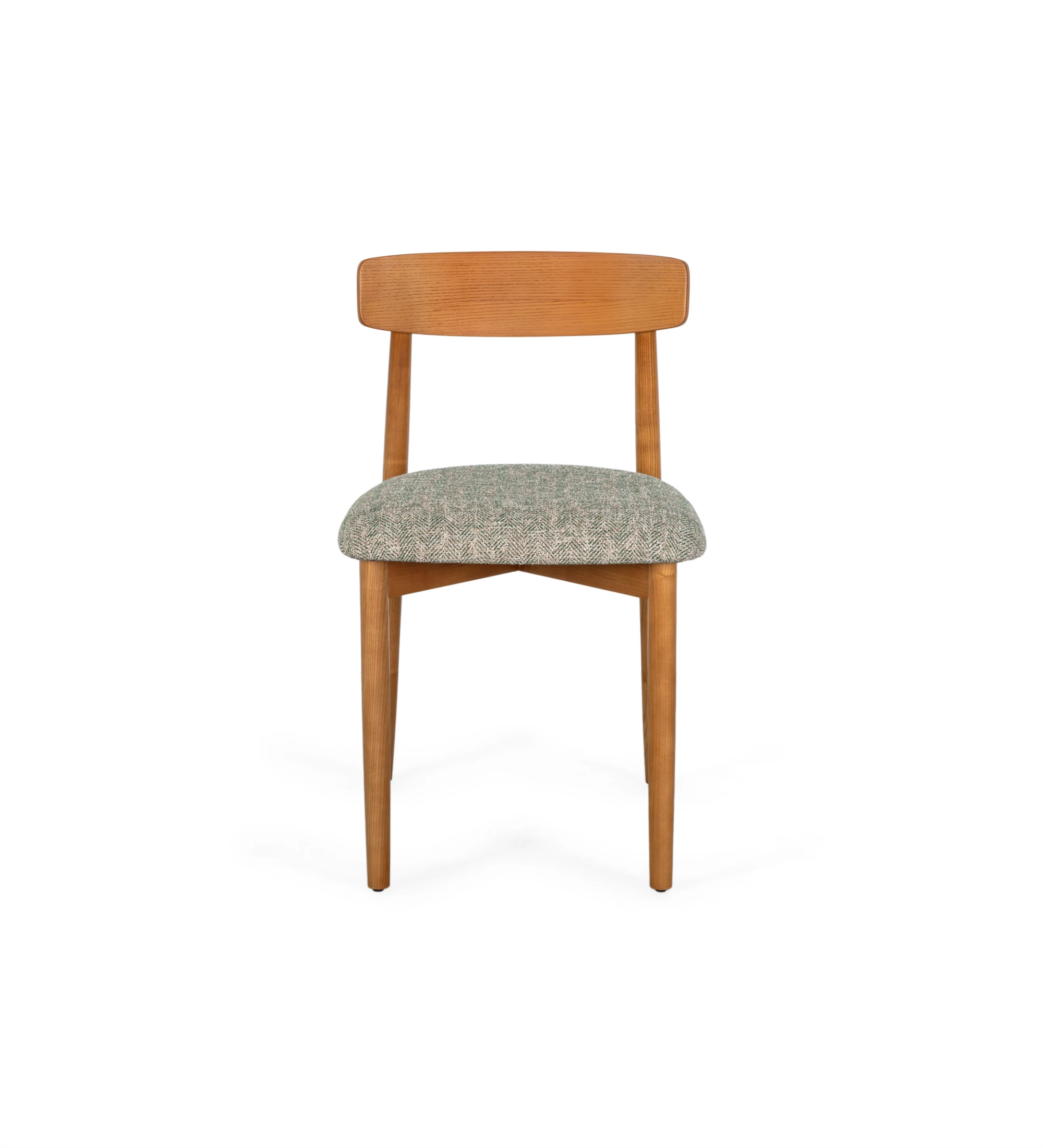 Silla de madera color miel con asiento tapizado en tela