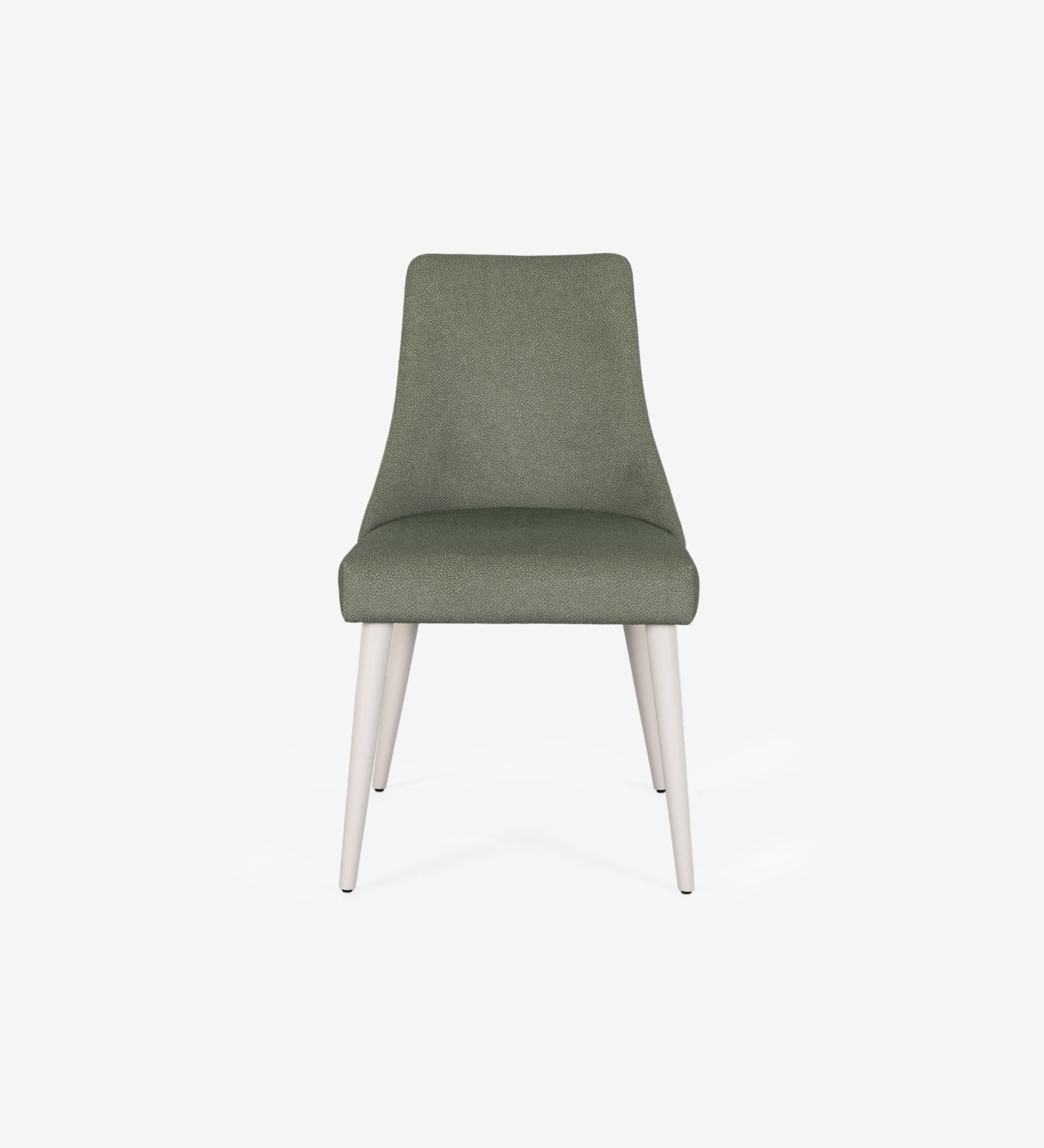 Chaise Oslo rembourré en tissu vert, pieds laqués perle.