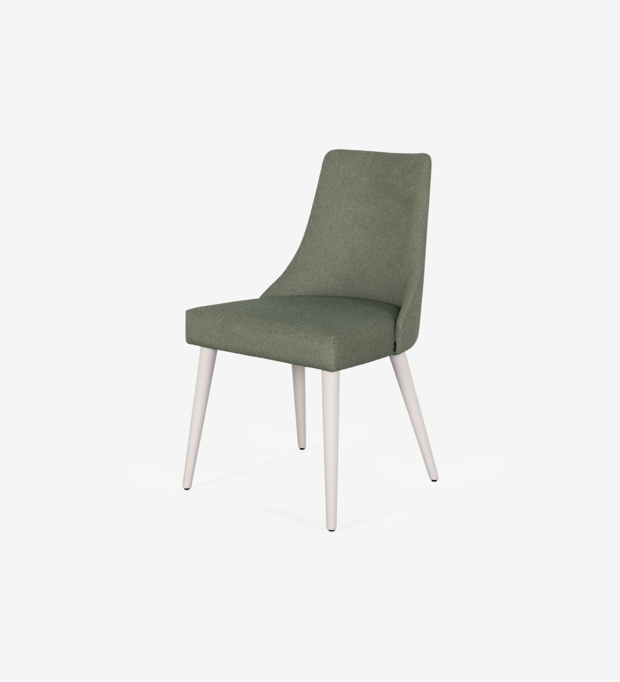 Chaise Oslo rembourré en tissu vert, pieds laqués perle.