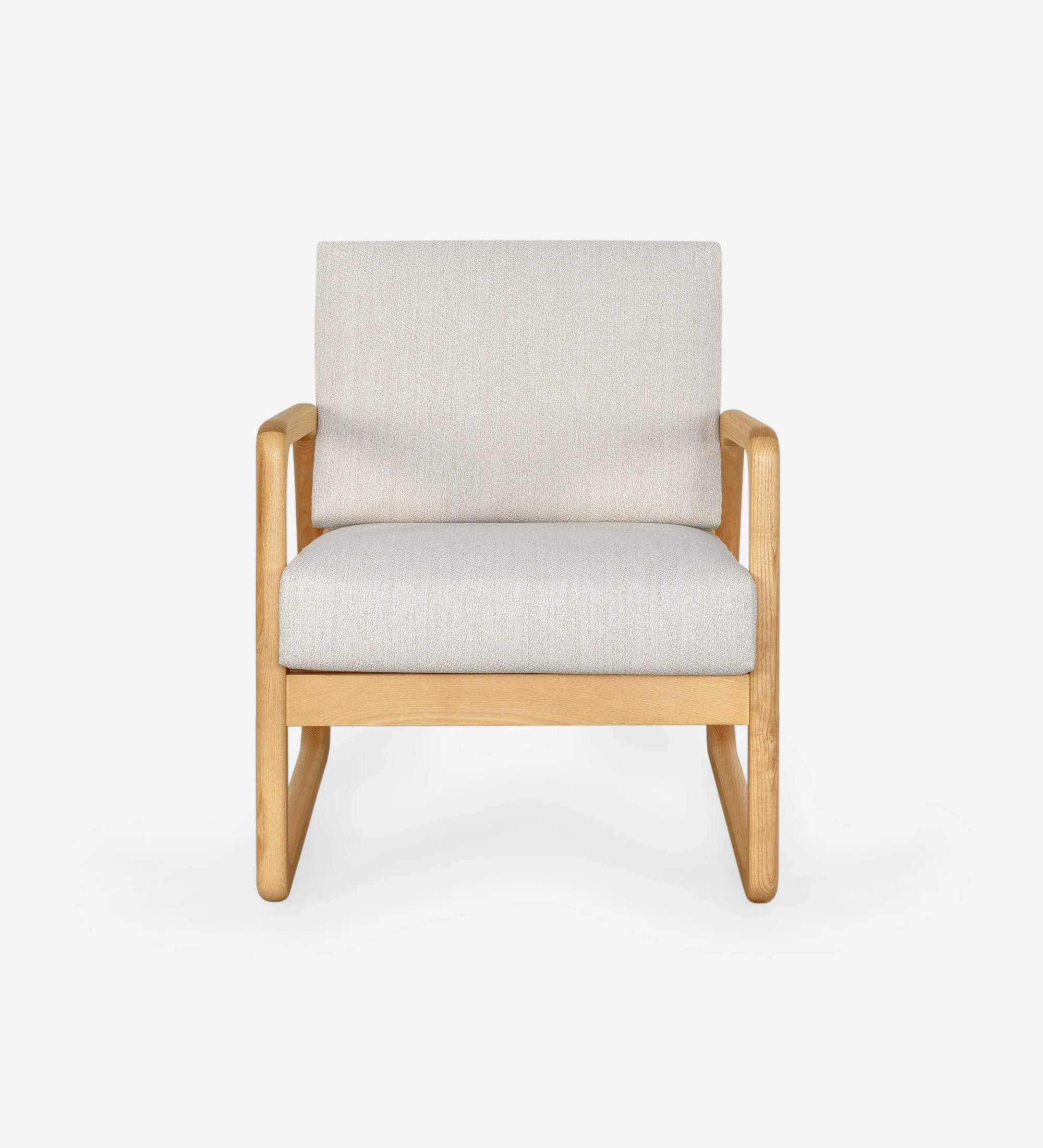 Antarte by AI Armchair upholstered in light gray fabric, structure in natural wood.