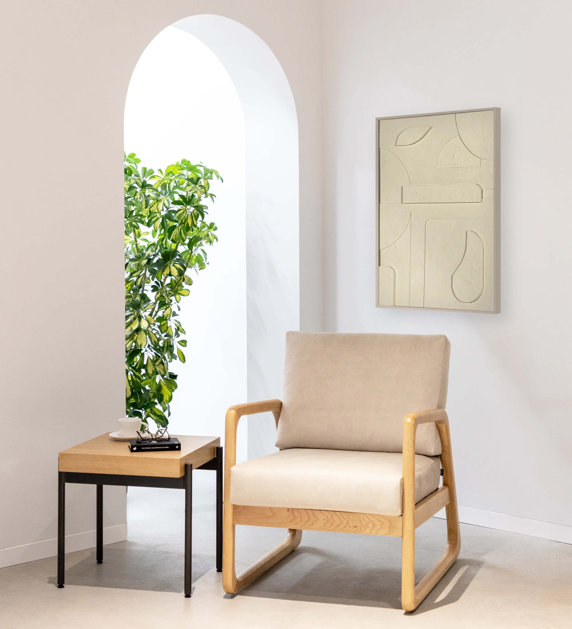 Antarte by AI Armchair upholstered in fabric, structure in natural wood.