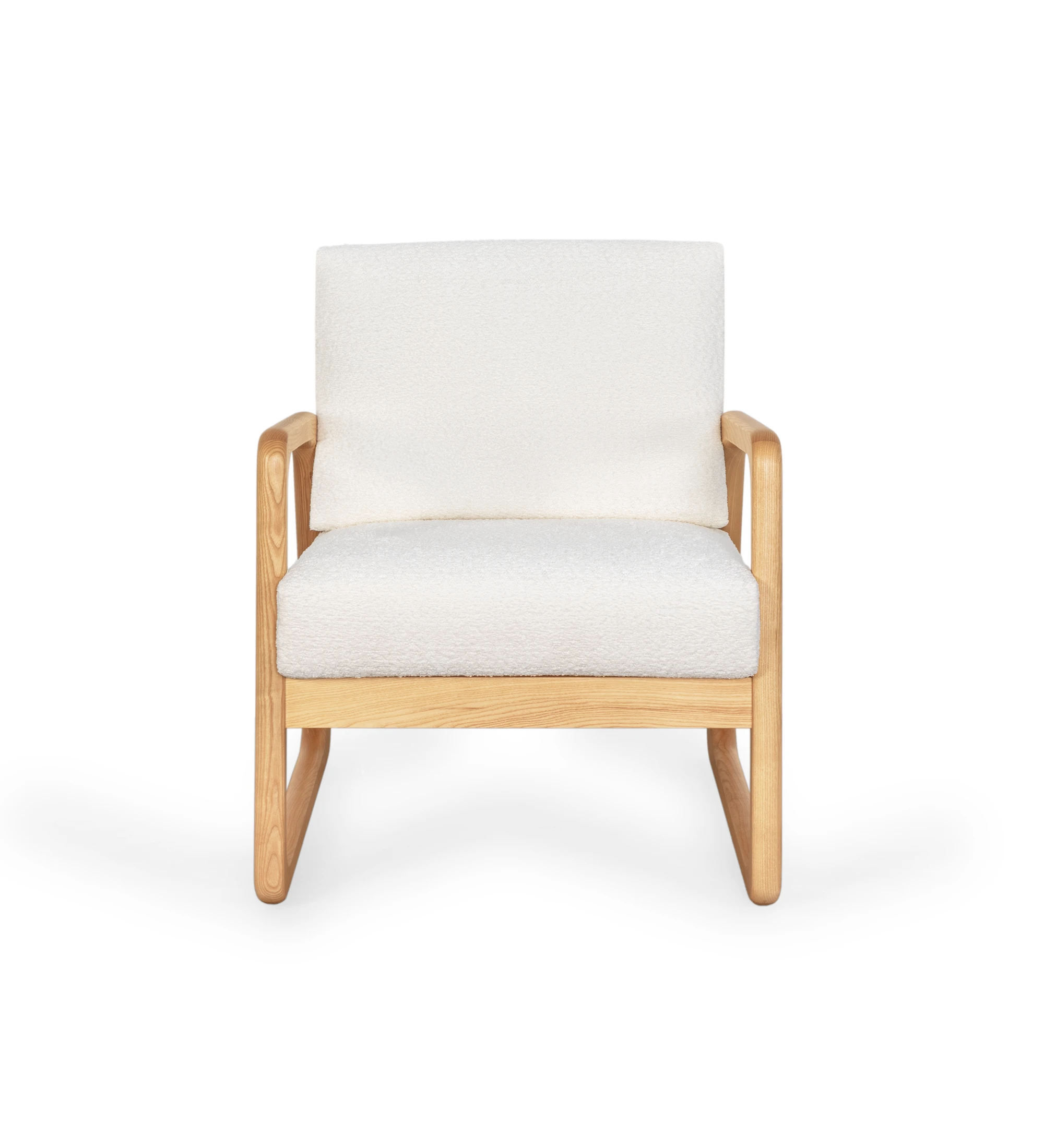 Fauteuil Antarte by IA recouvert en tissu, structure en bois naturel.