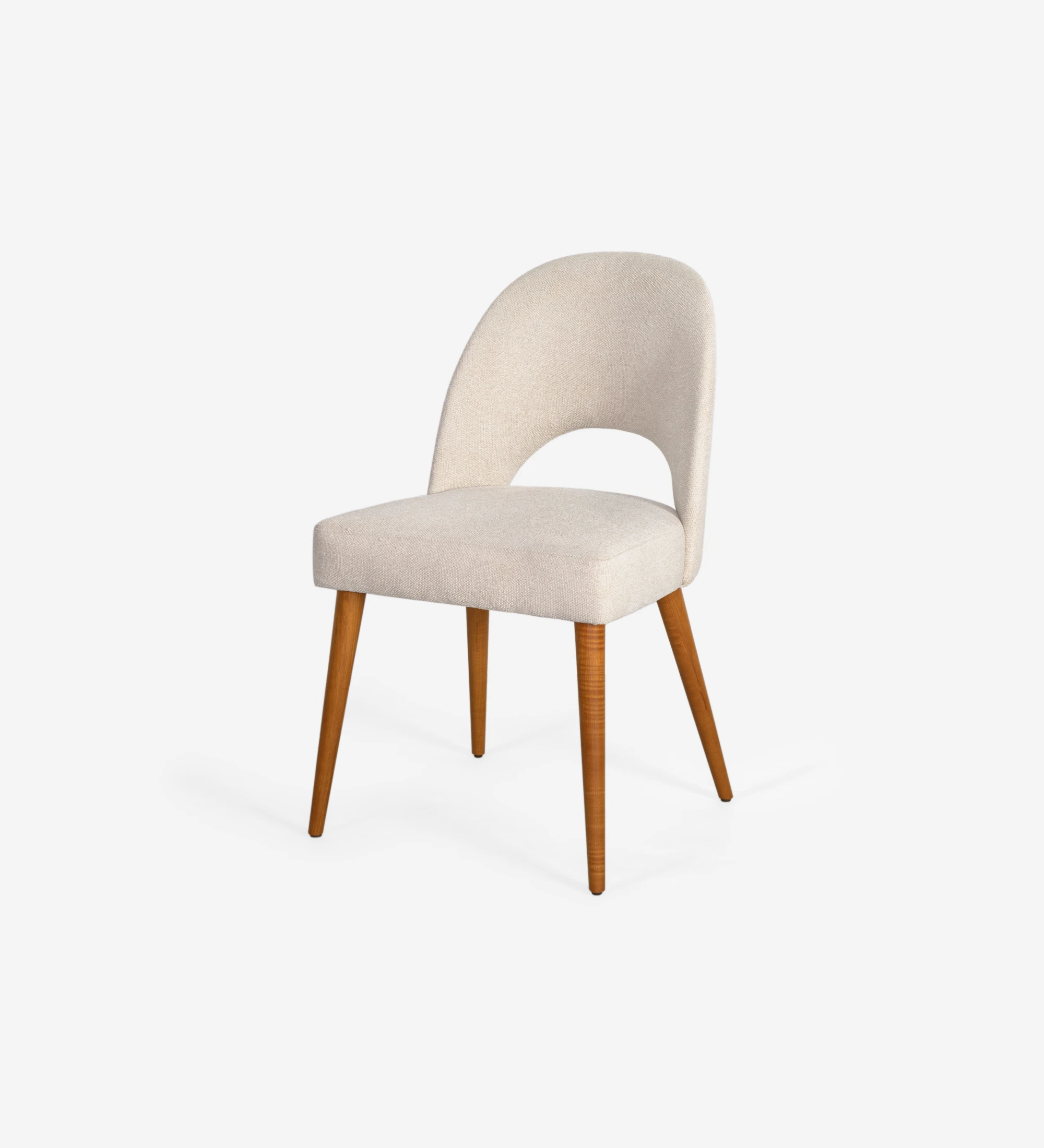 Chair upholstered in fabric, with honey-colored wooden legs.