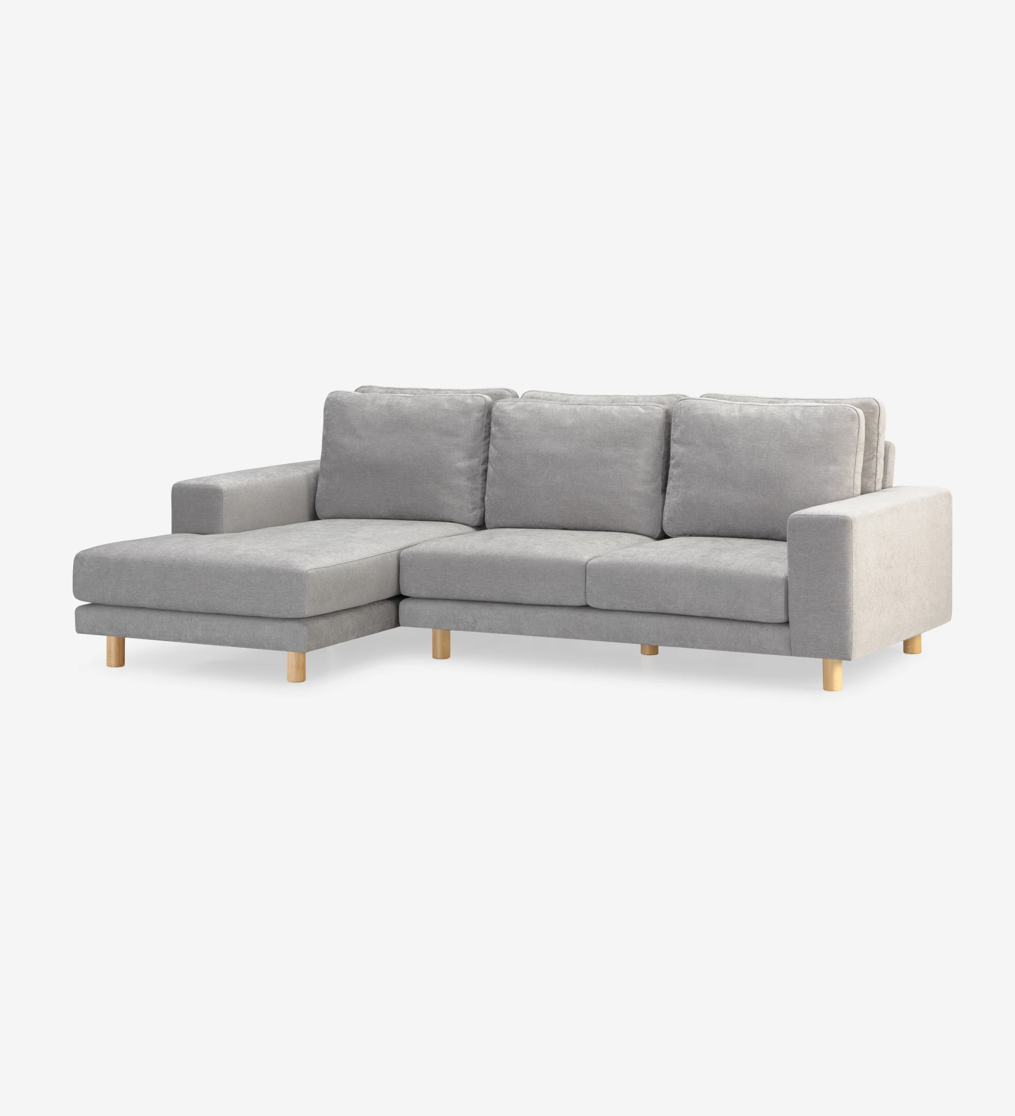 Canapé Dallas 2 places avec chaise longue gauche, recouvert en tissu gris, coussins de dossier rabattables, pieds en frêne de couleur naturelle, 273 cm.