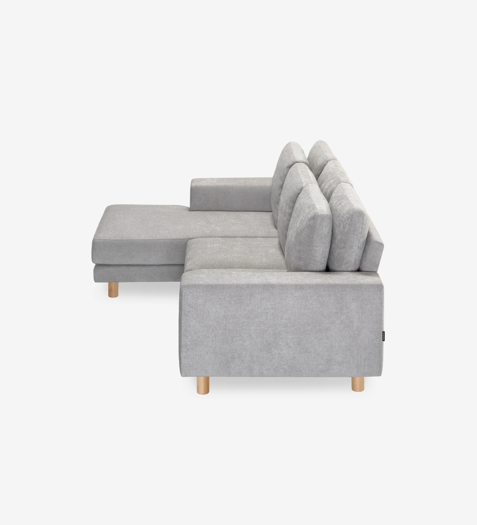 Canapé Dallas 2 places avec chaise longue gauche, recouvert en tissu gris, coussins de dossier rabattables, pieds en frêne de couleur naturelle, 273 cm.