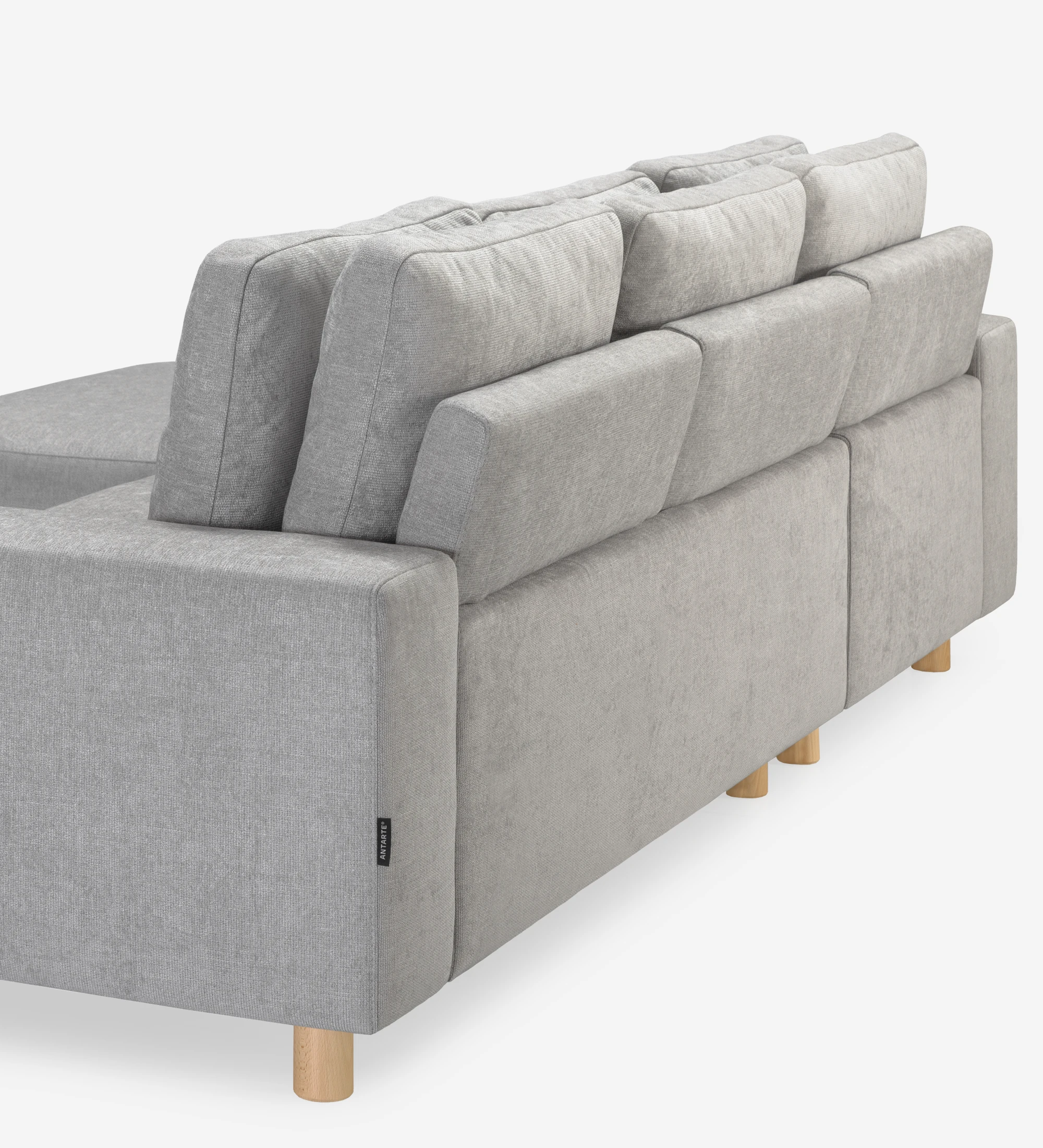 Canapé Dallas 2 places avec chaise longue gauche, recouvert en tissu gris, coussins de dossier rabattables, pieds en frêne de couleur naturelle, 273 cm.