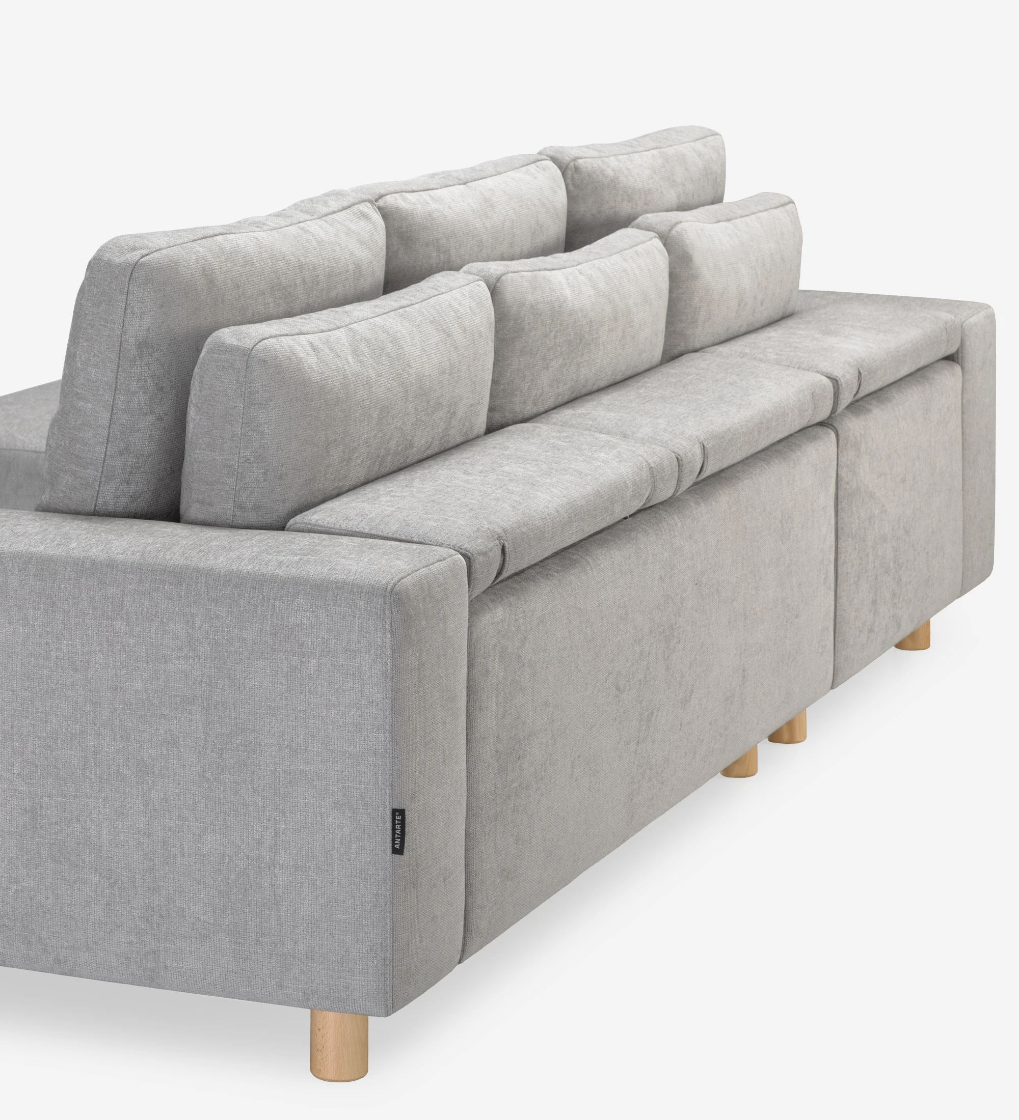 Canapé Dallas 2 places avec chaise longue gauche, recouvert en tissu gris, coussins de dossier rabattables, pieds en frêne de couleur naturelle, 273 cm.