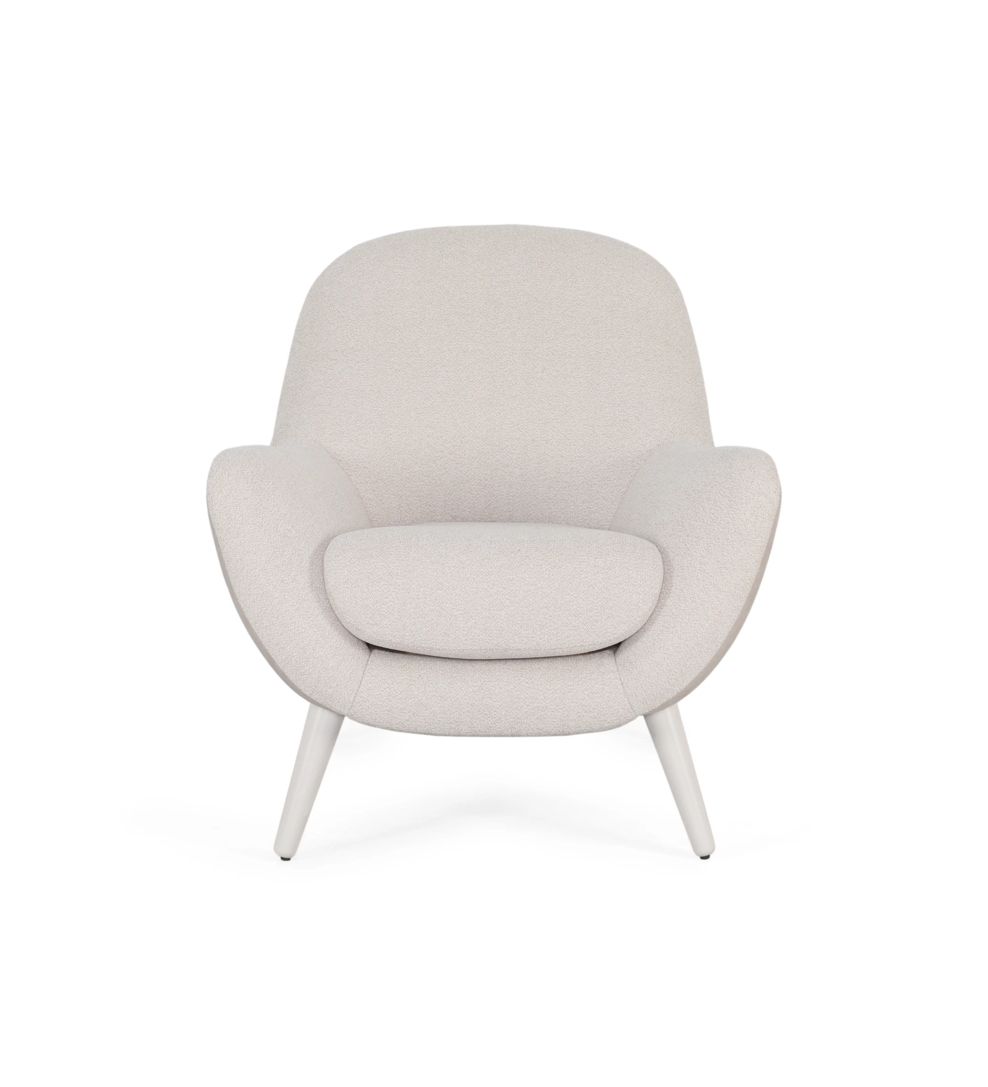 Oslo armchair upholstered in beige fabric,pearl lacquered feet.