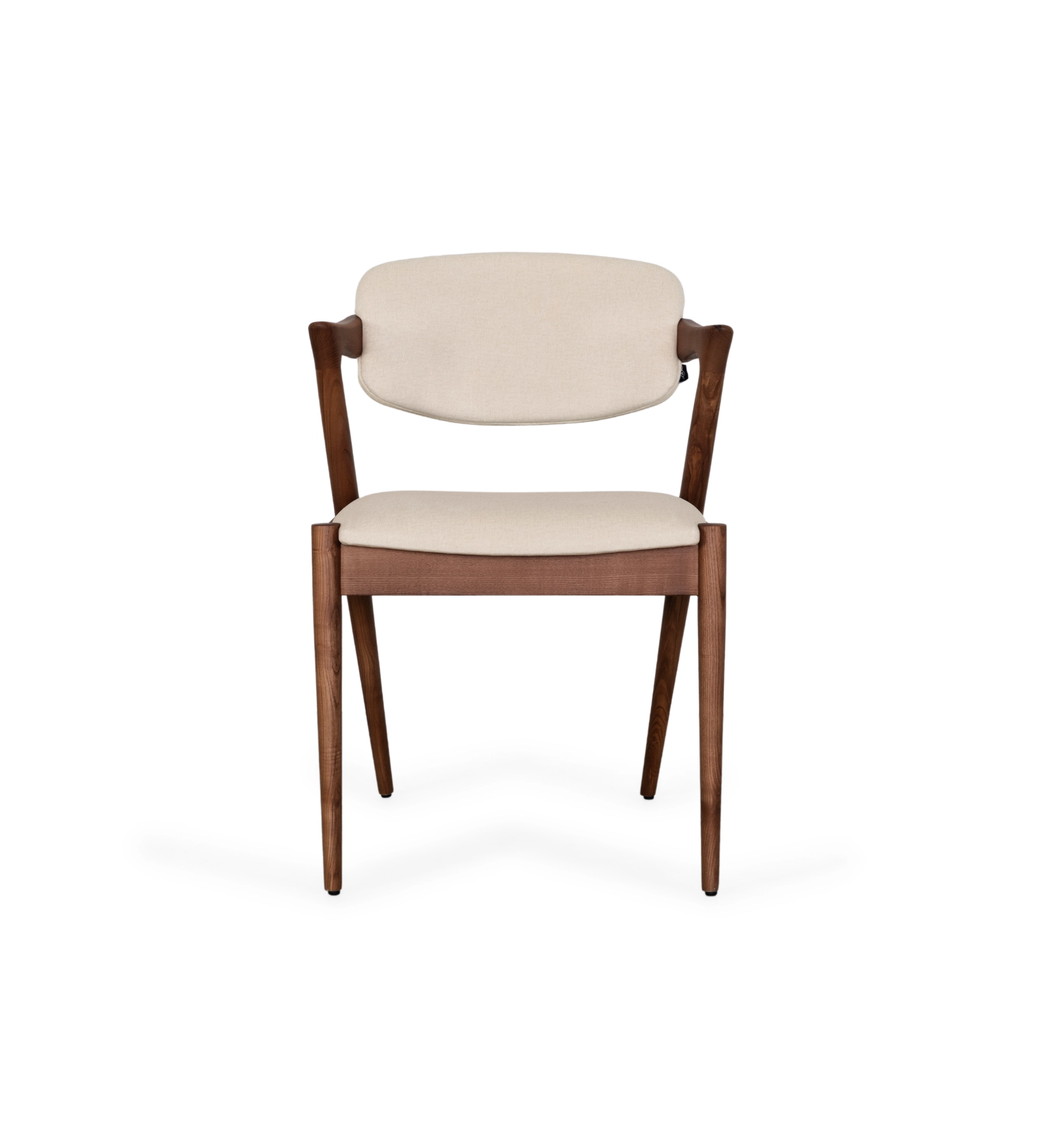 Chair in walnut-colored ash wood, with seat and back upholstered in fabric.