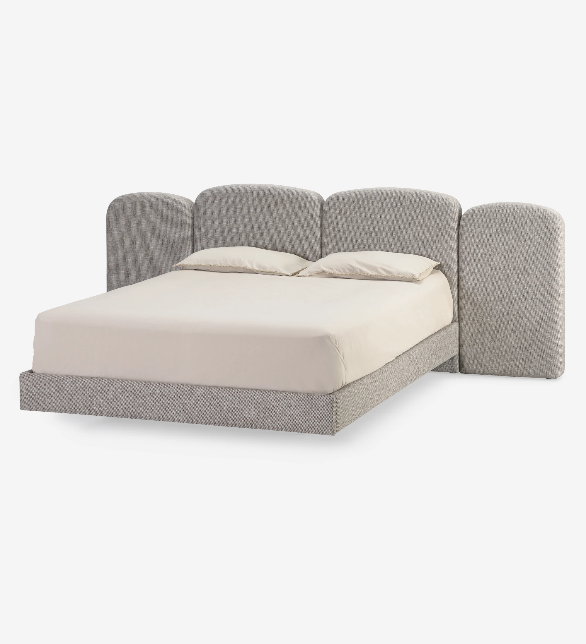 Cama de casal estofada a tecido light gray com peseira suspensa