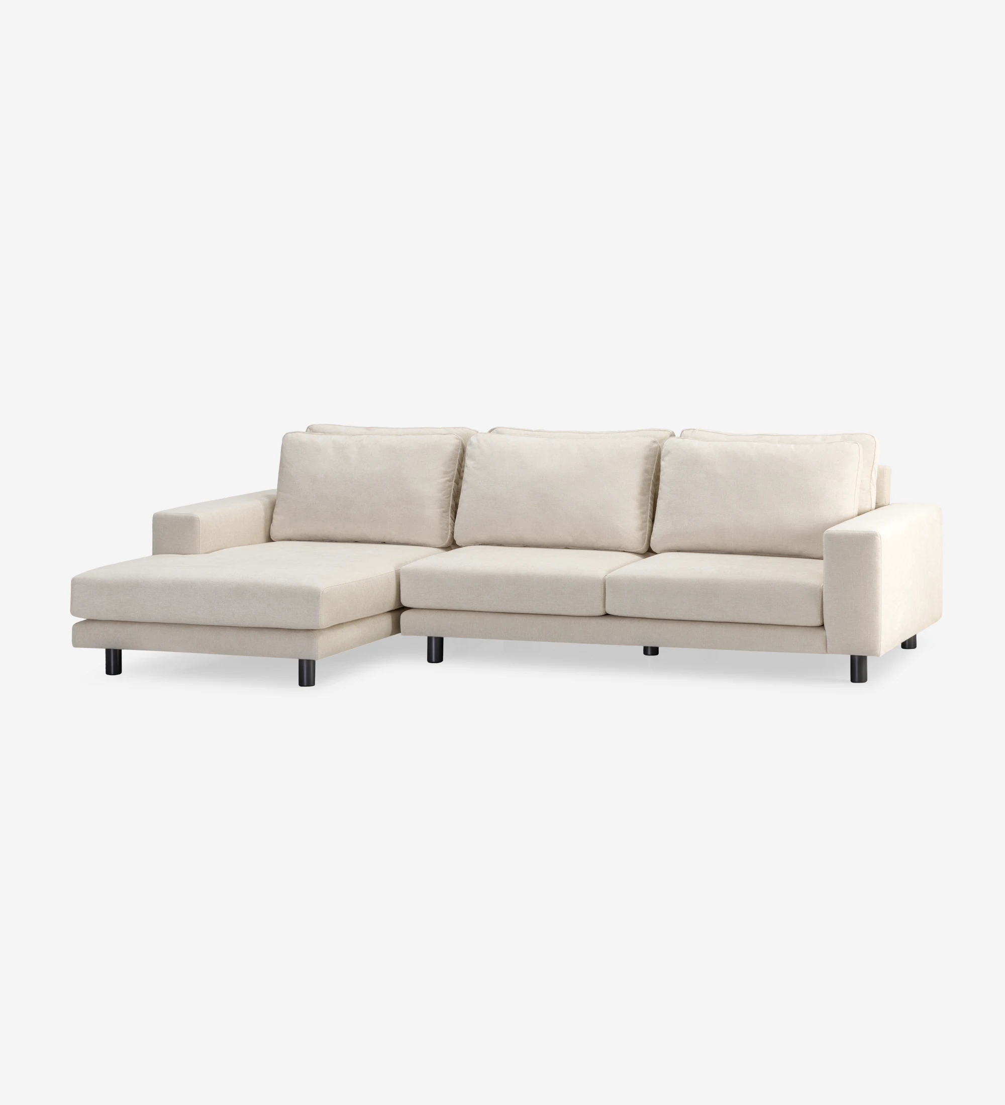 Sofá Dallas 3 plazas y chaise longue izquierda, tapizado en tela beige, cojines respaldo abatibles, pies lacados en negro, 318 cm.