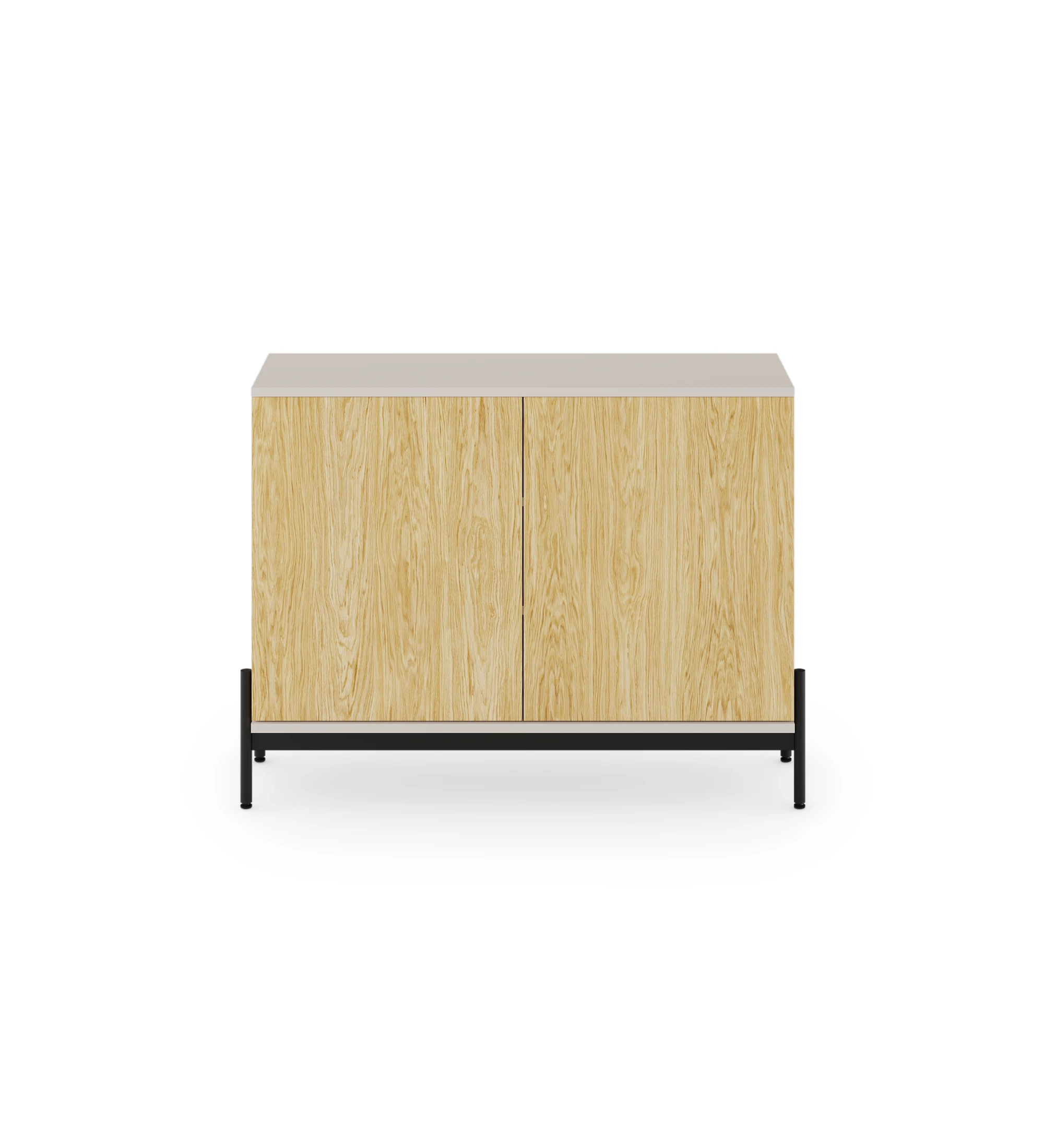 Shoes Cabinet with 2 doorsin natural oak, pearl structure and black lacquered metal feet with levellers.