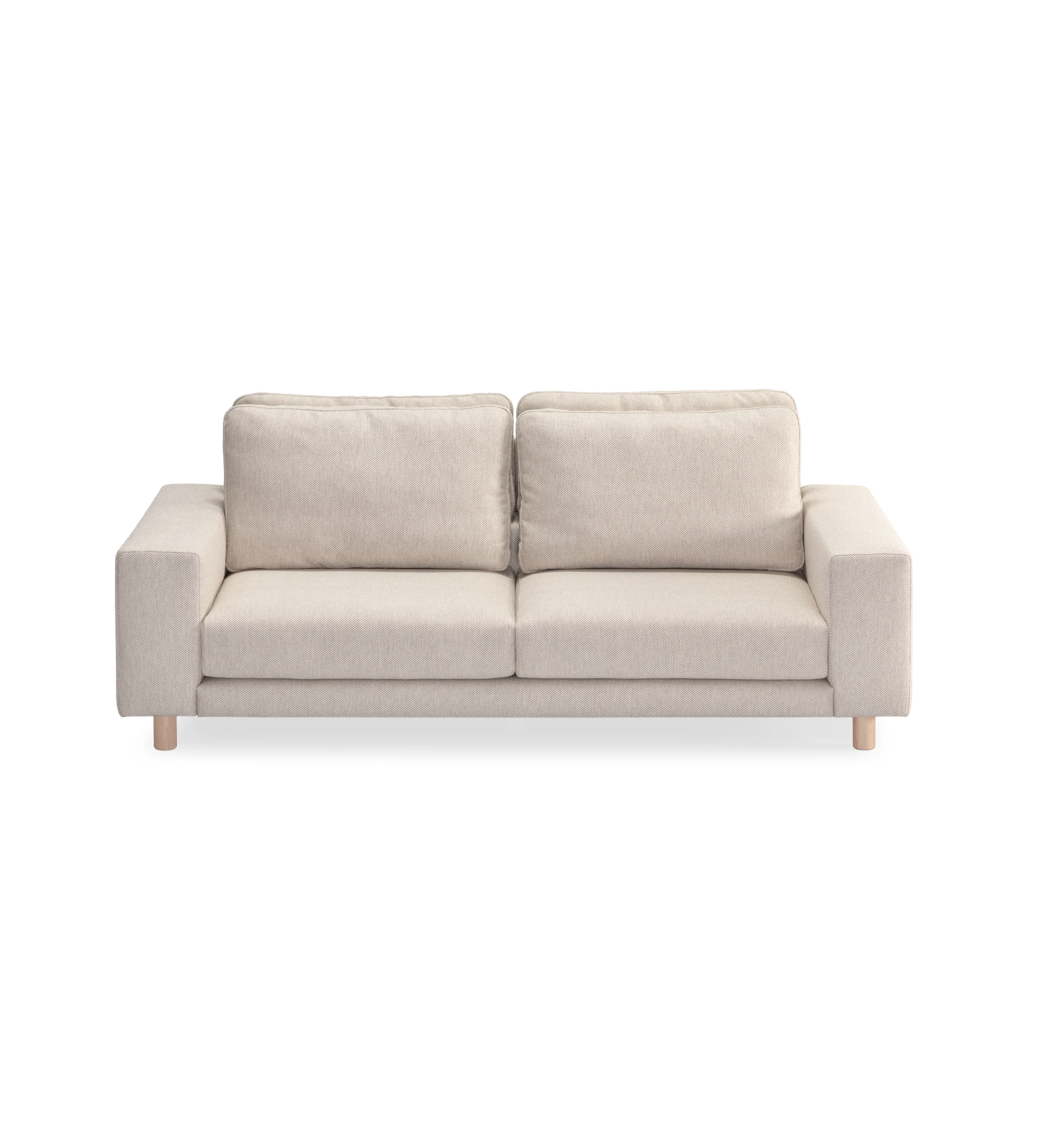 Dallas 3-seater sofa upholstered in beige fabric, folding back cushions, natural color ash wood feet, 225 cm.