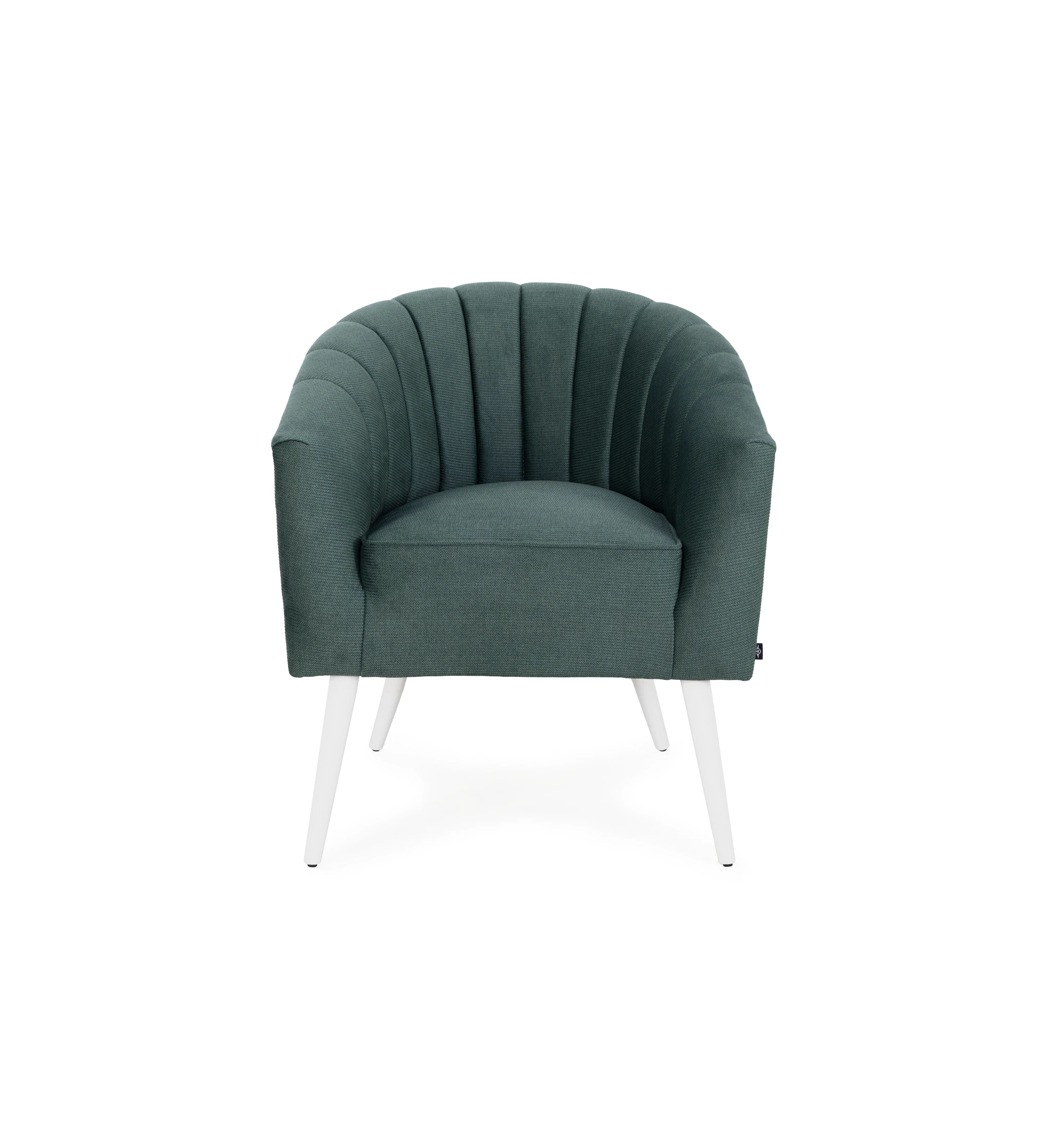 Fauteuil Tokyo recouvert en tissu vert, pieds laqués blanc.