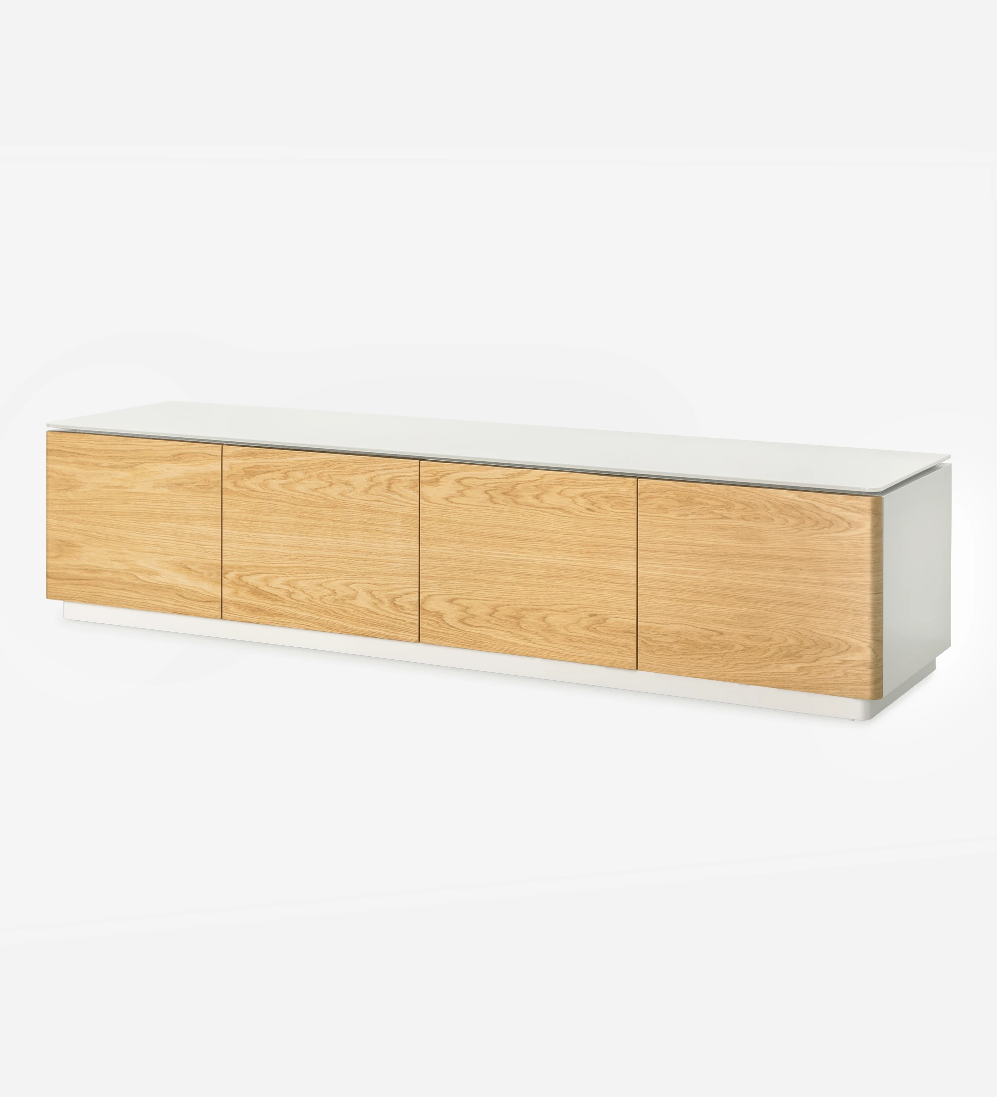 Geneve TV stand 4 doors in natural oak, glass top and pearl lacquered structure.