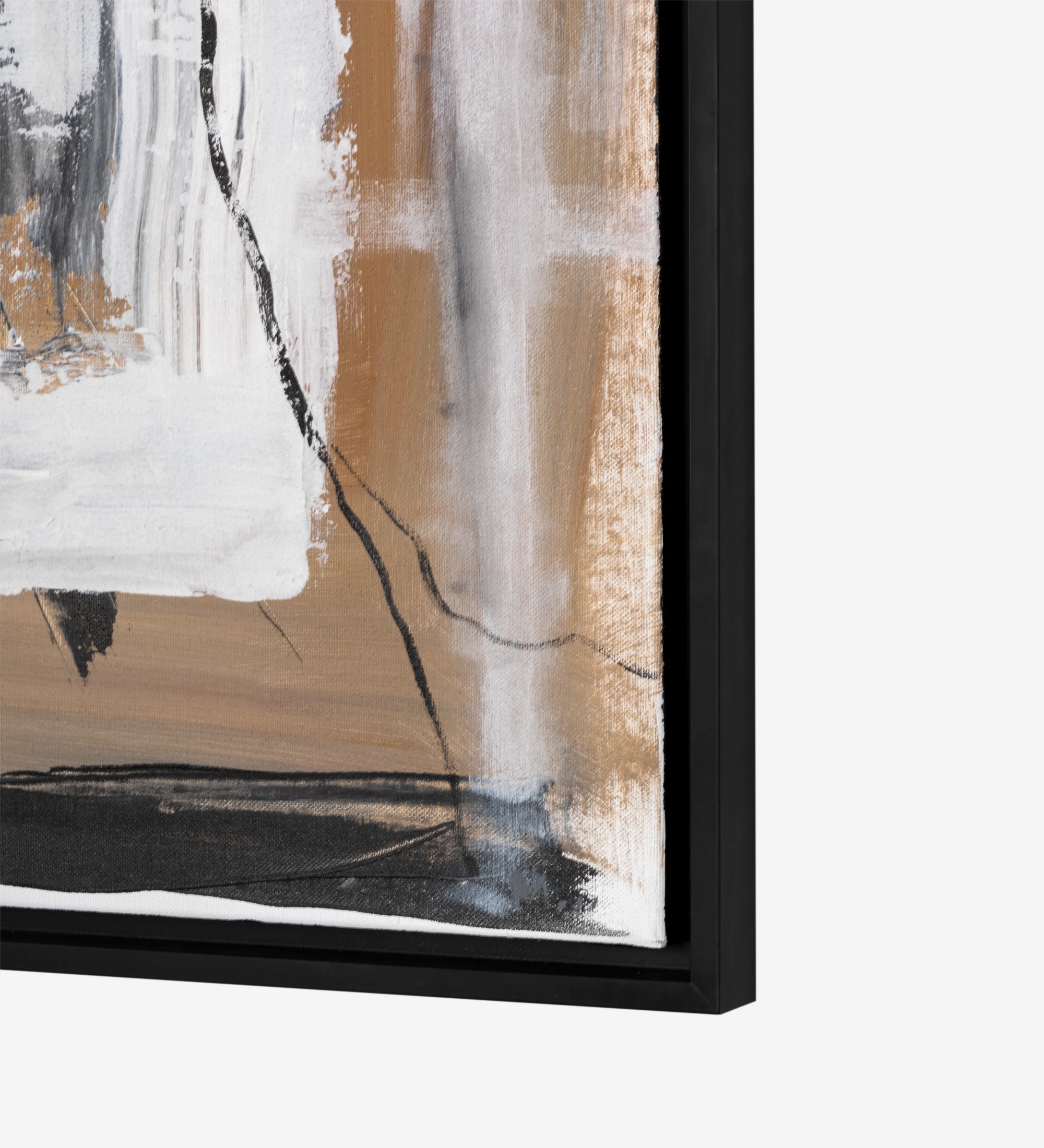 Cuadro abstracto en tonos beige y negros, marco de madera negro, 64 x 84 cm.