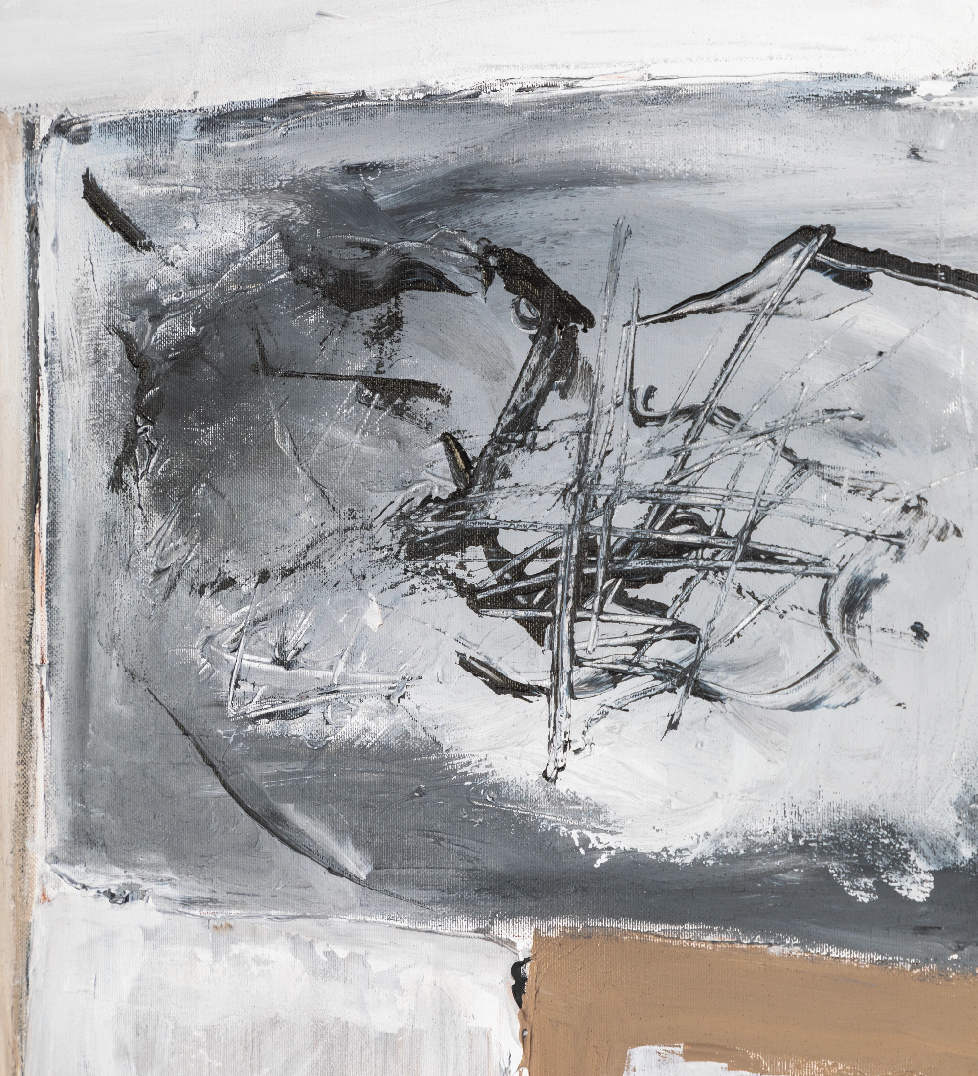 Abstract painting in beige and black tones, black wooden frame, 64 x 84 cm.