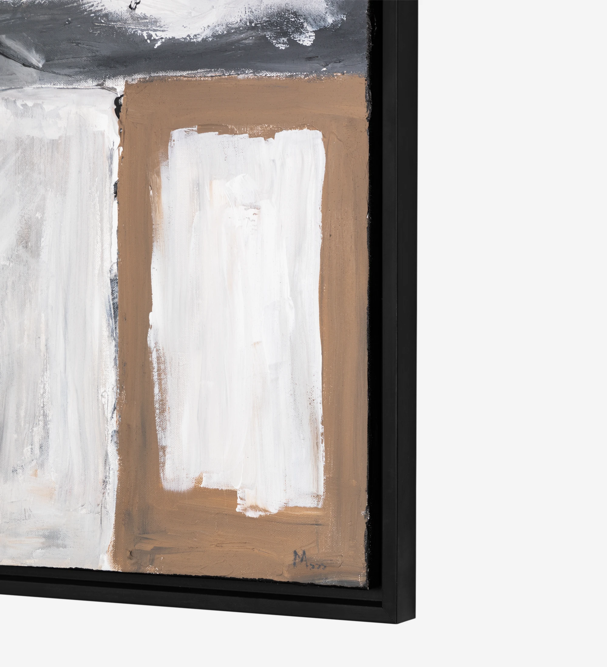 Abstract painting in beige and black tones, black wooden frame, 64 x 84 cm.