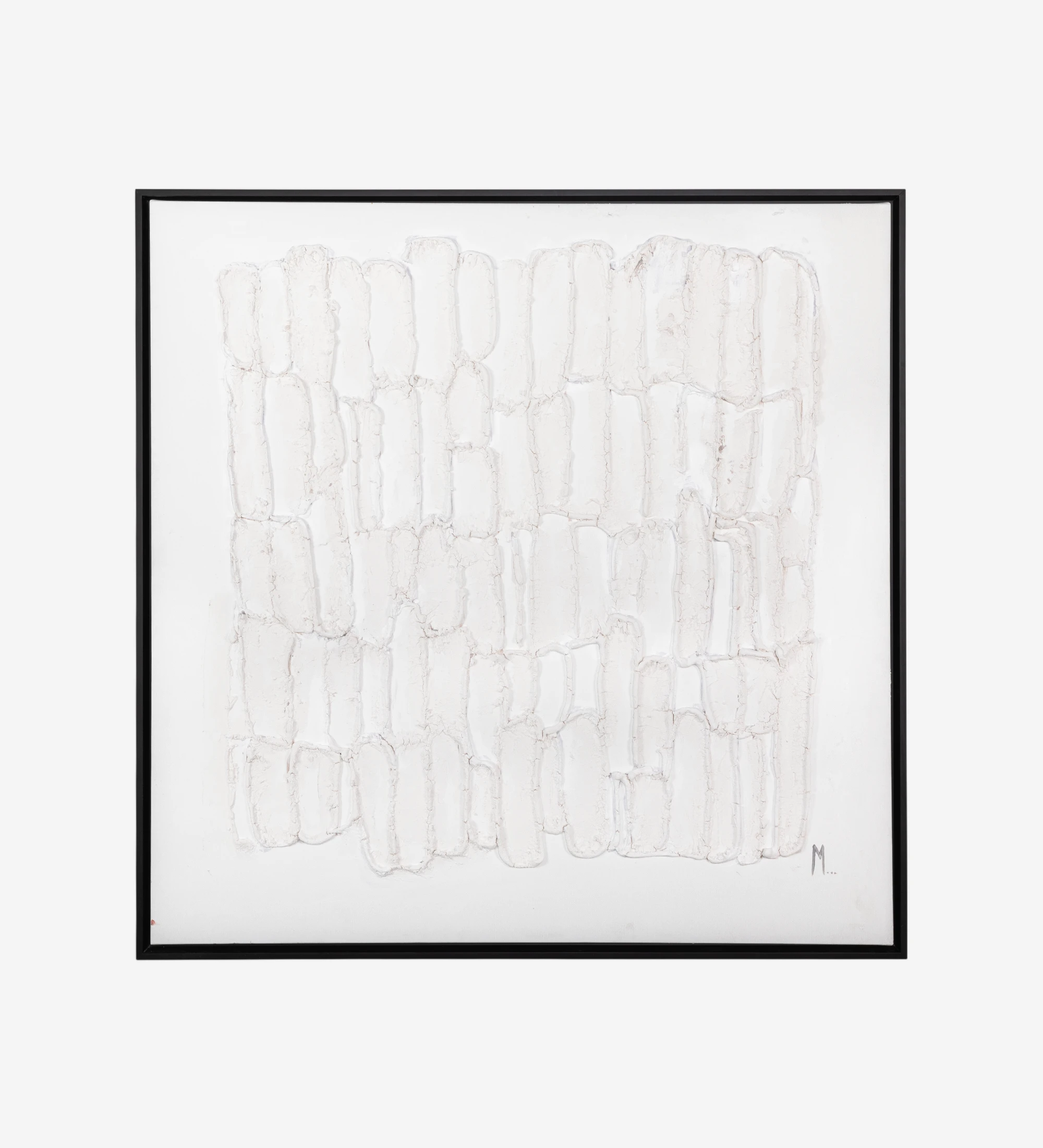 Abstract painting and relief in white tones, black wooden frame, 104 x 104 cm.