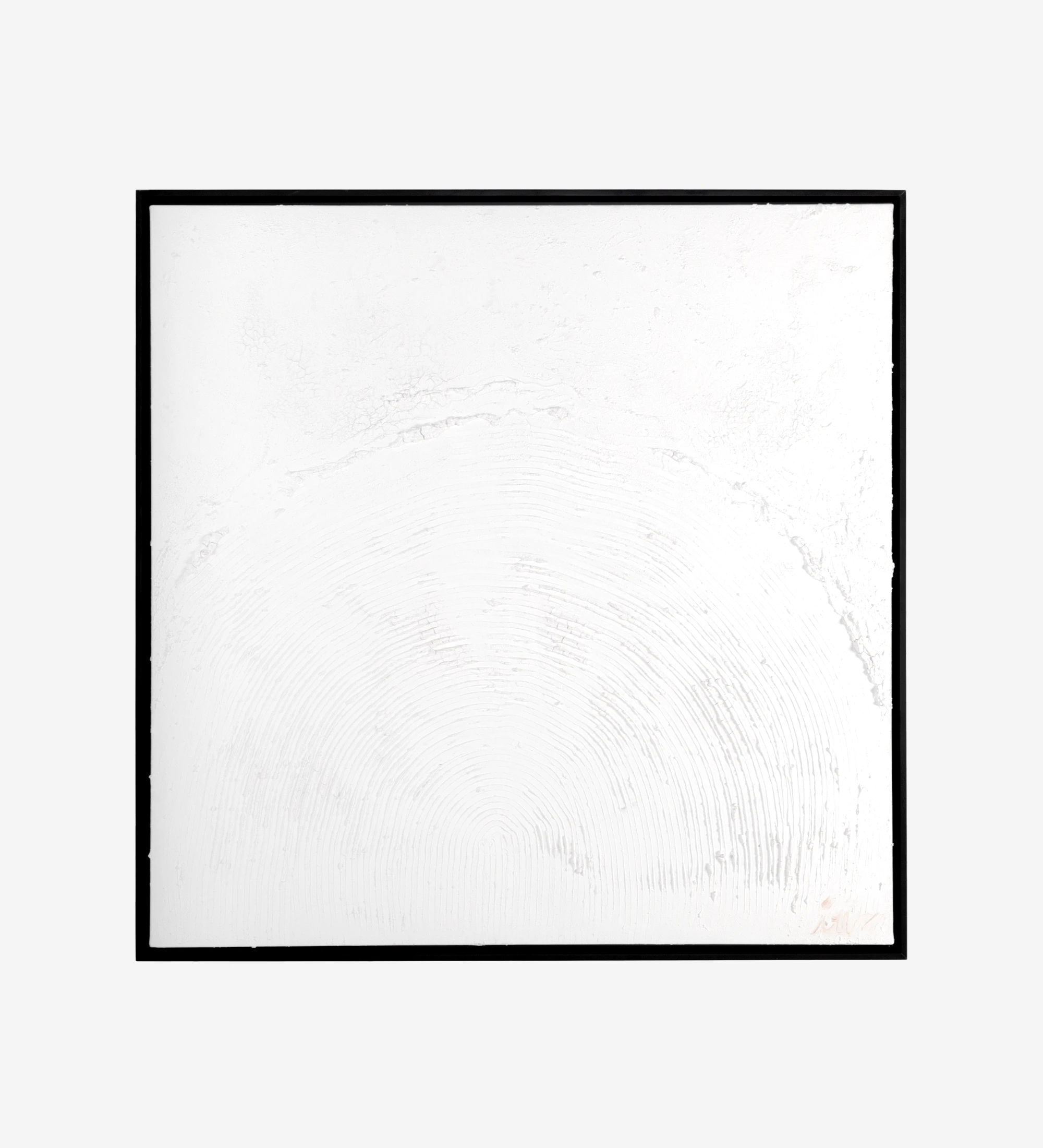 Abstract painting and relief in white tones, black wooden frame, 104 x 104 cm.