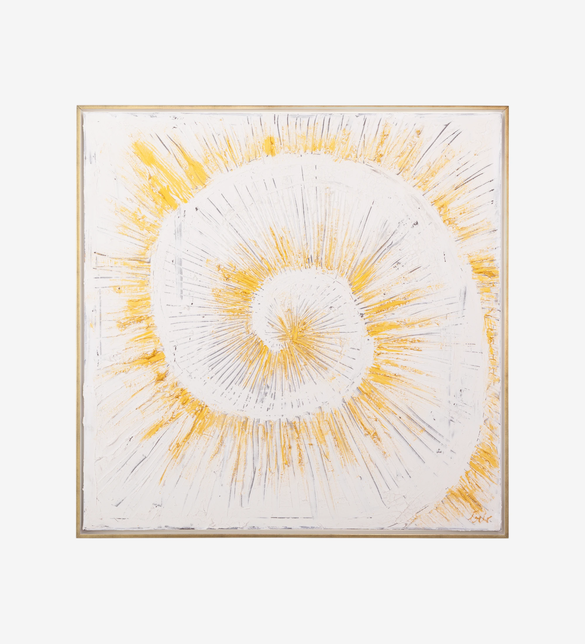 Peinture abstrait avec relief aux tons neutres, cadre en bois blanc, 104 x 104 cm.