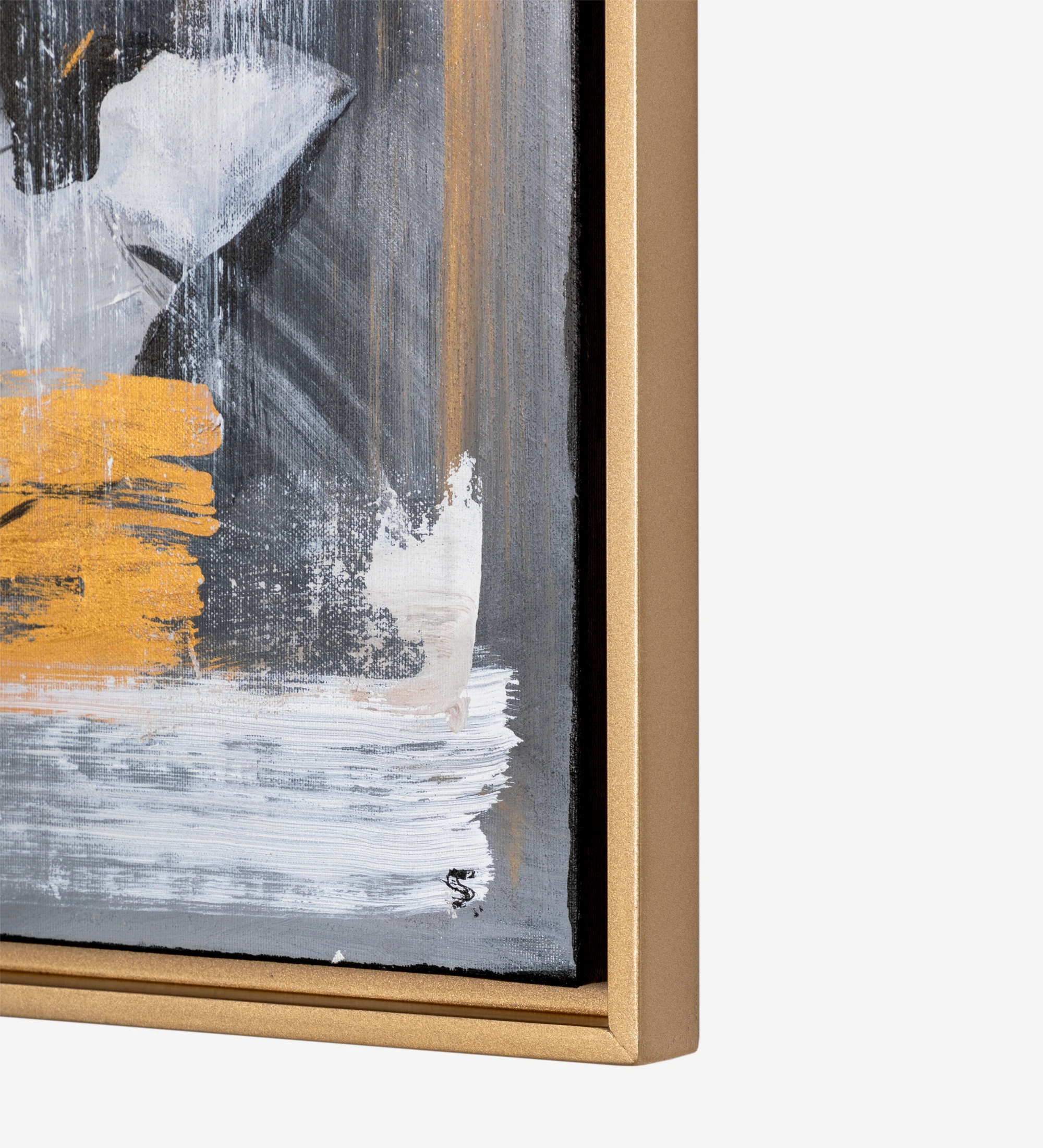 Quadro de pintura abstrata em tons cinza e dourado, moldura de cor dourada em madeira, 64 x 84 cm.