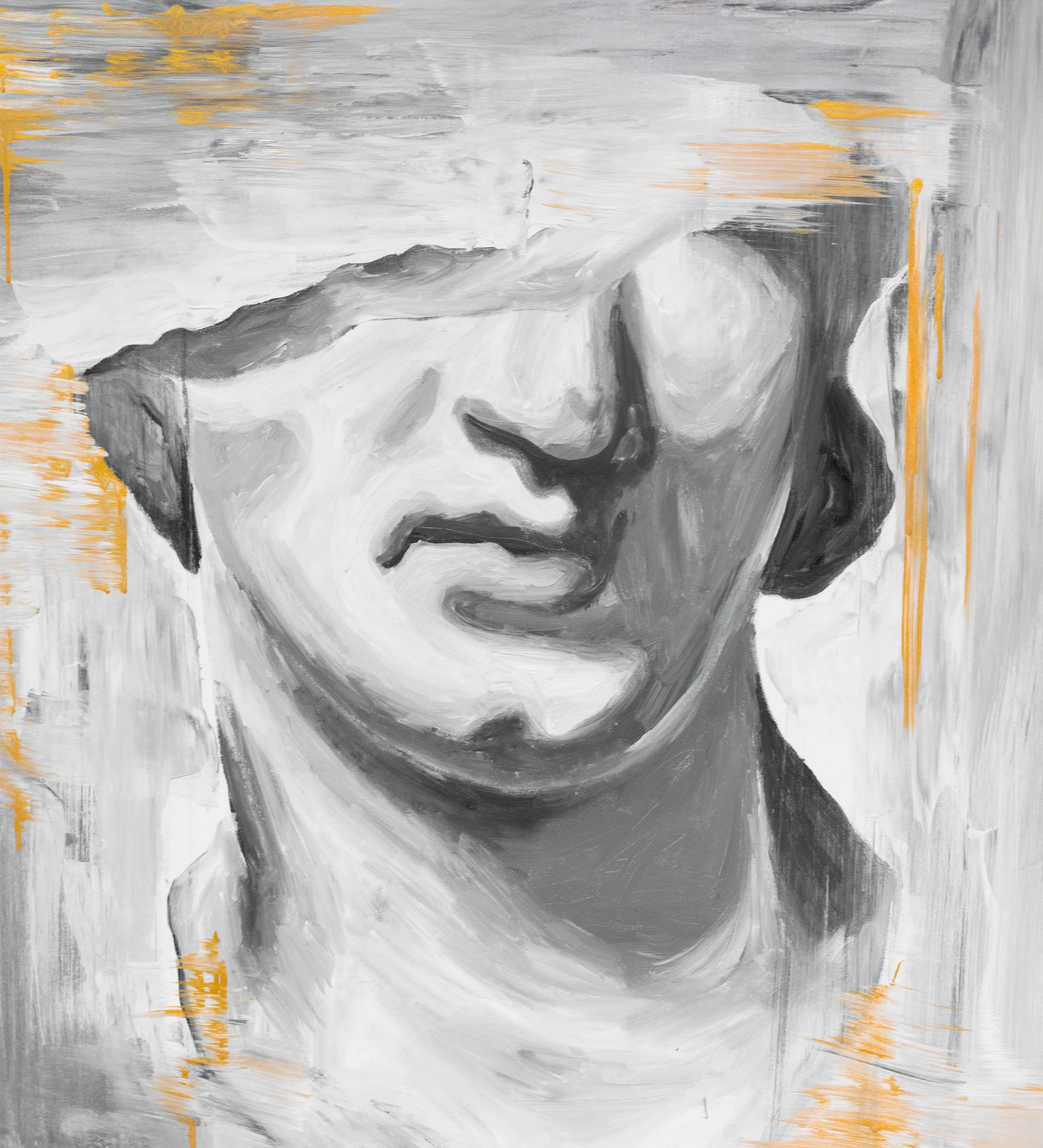 Abstract painting in gray and gold tones, golden colored wooden frame, 104 x 104 cm.