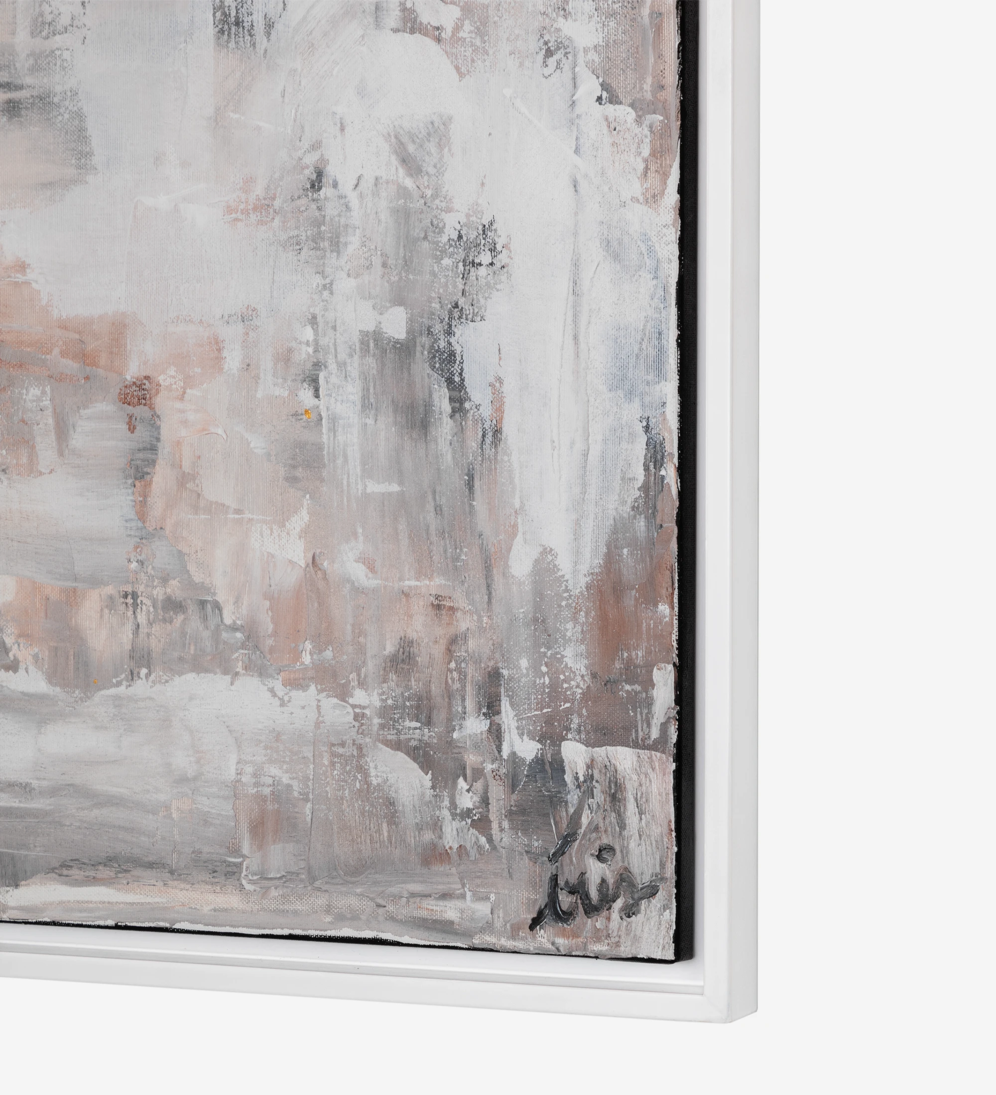 Peinture abstraite aux tons neutres, cadre en bois blanc, 64 x 84 cm.