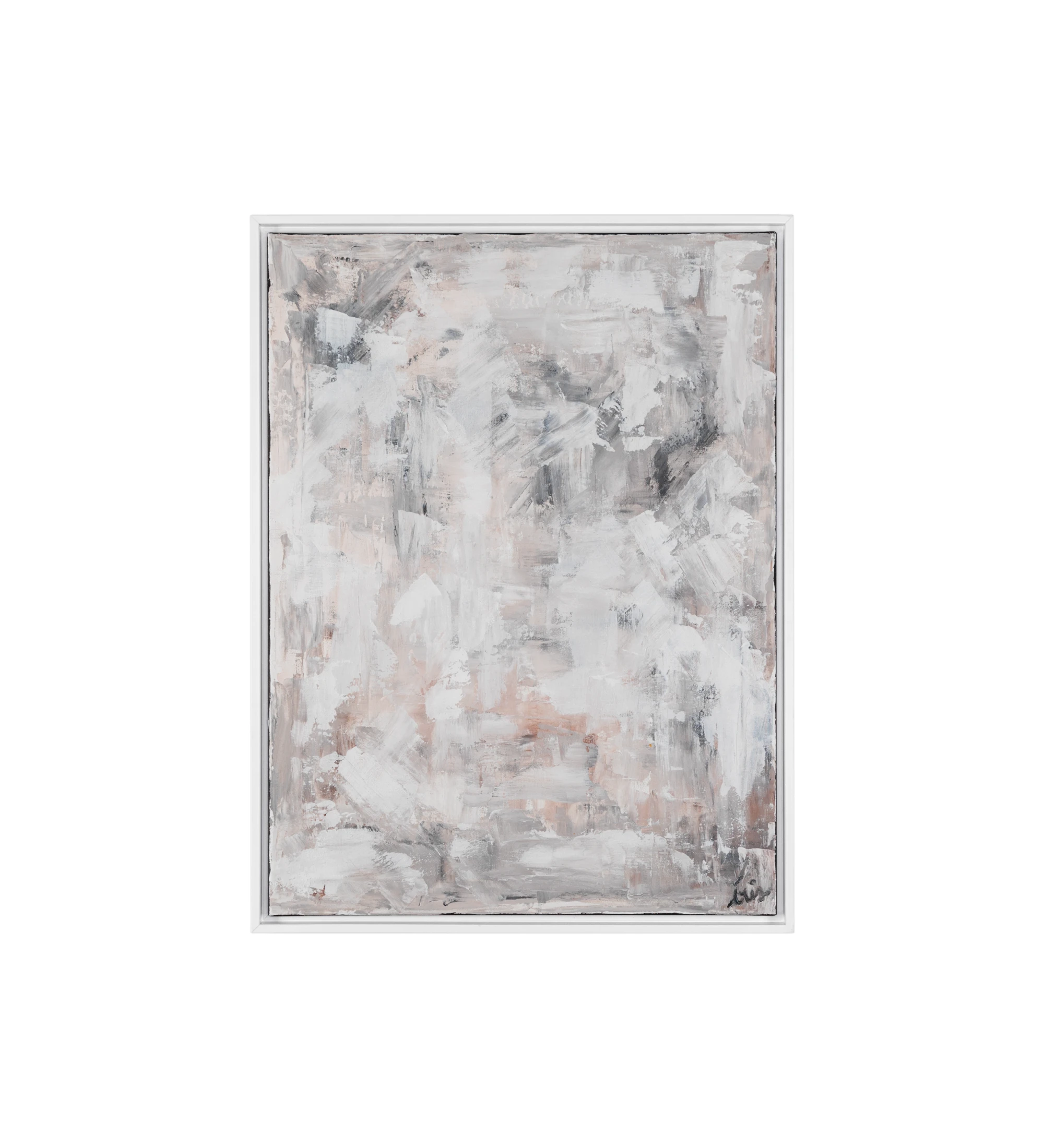 Abstract painting in neutral tones, white wooden frame, 64 x 84 cm.