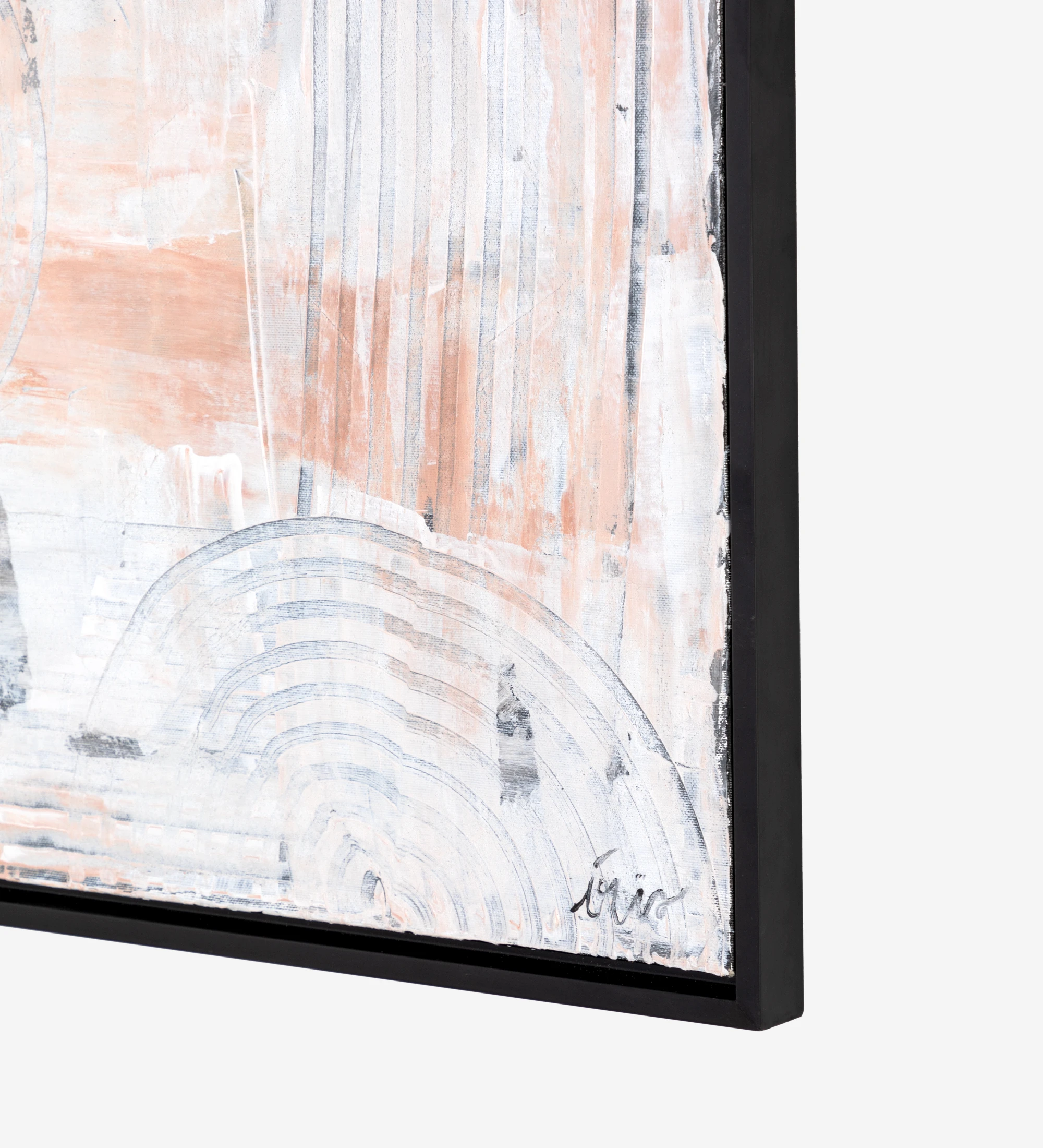 Cuadro abstracto en tonos neutros, marco de madera negro, 64 x 84 cm.