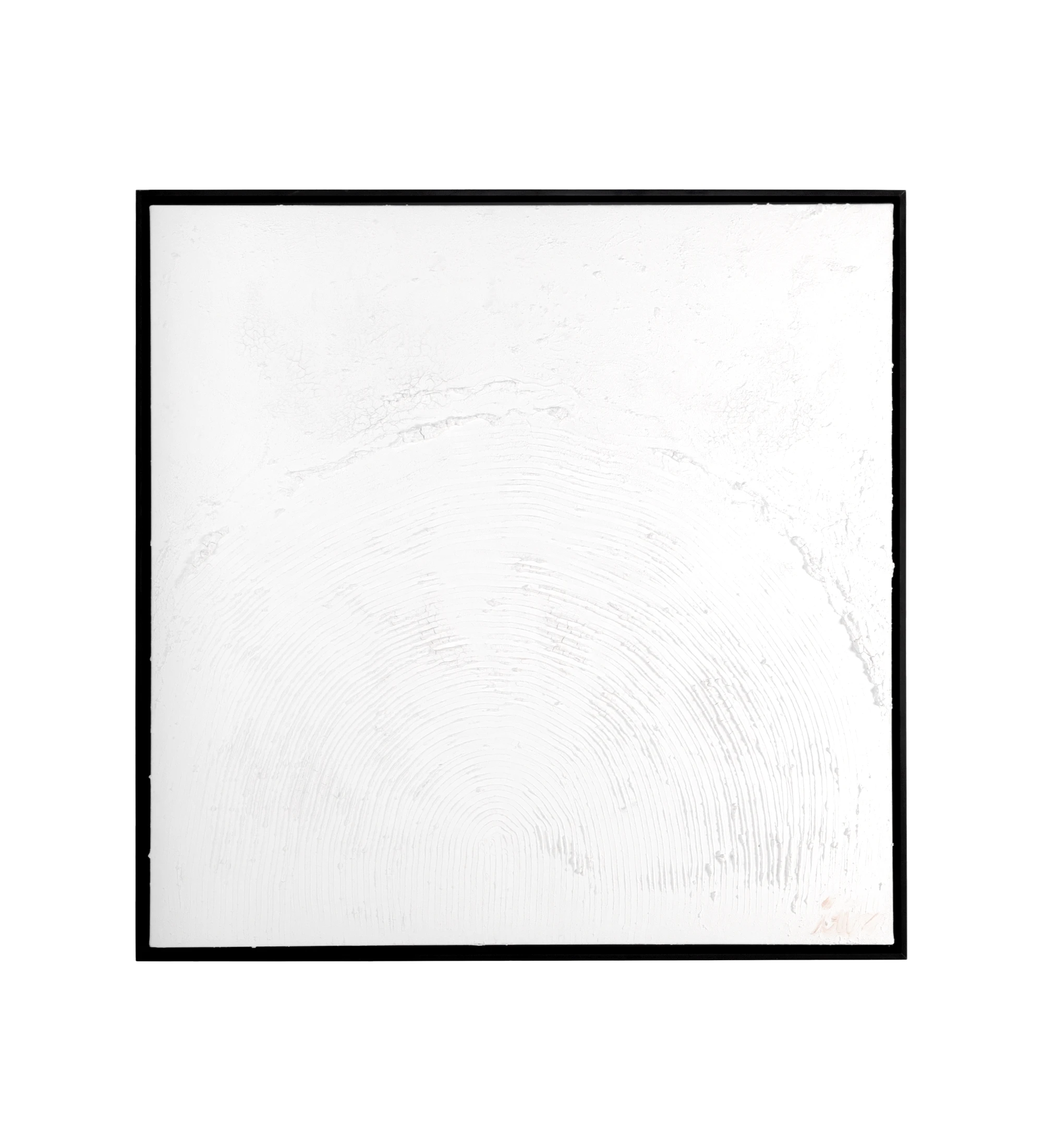 Abstract painting and relief in white tones, black wooden frame, 104 x 104 cm.