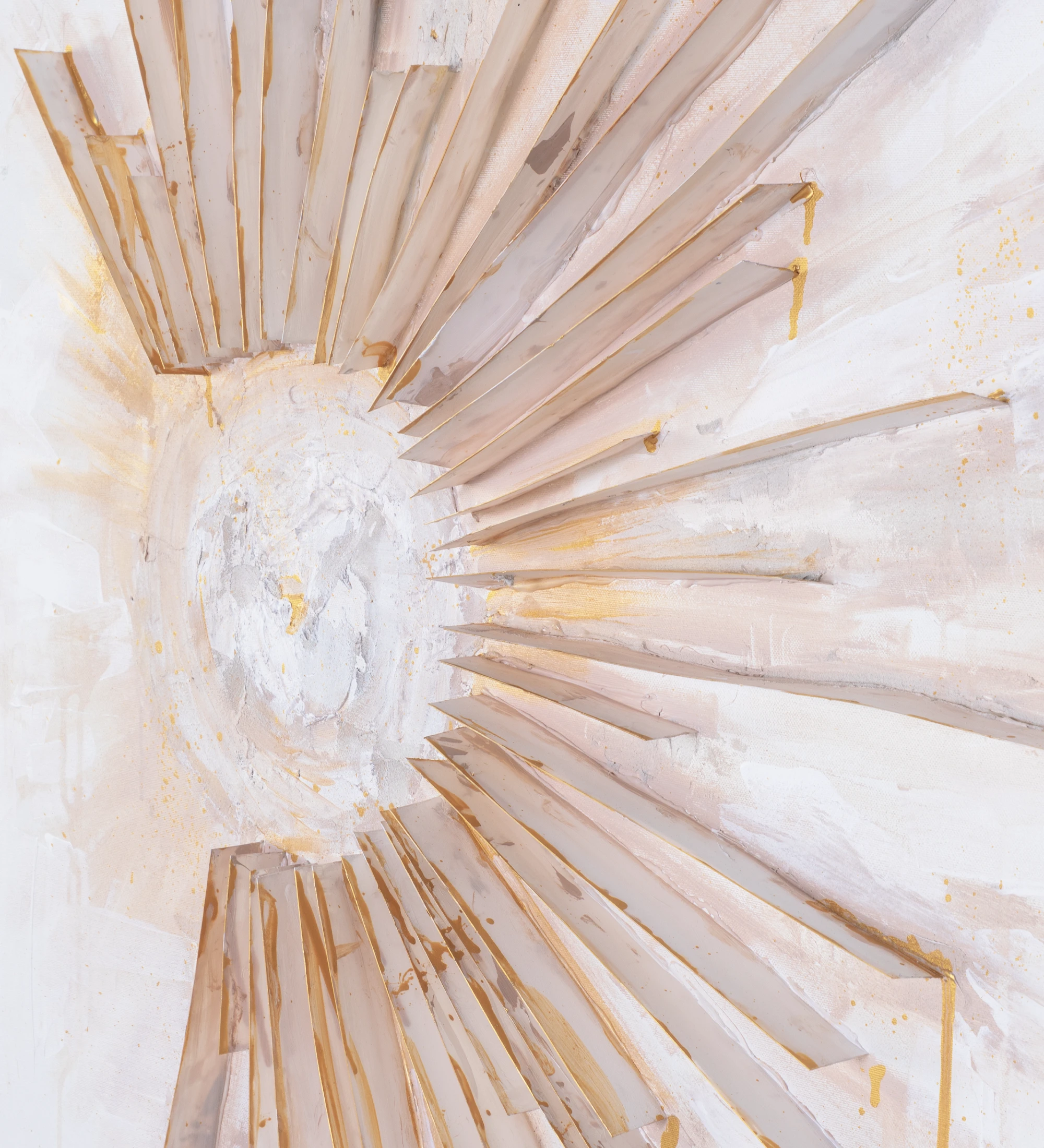 Abstract painting and relief in white and gold tones, golden colored wooden frame, 104 x 104 cm.