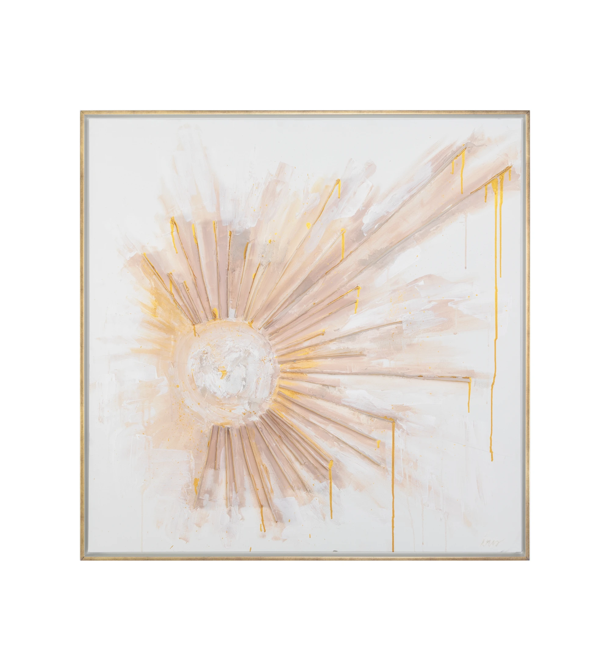 Abstract painting and relief in white and gold tones, golden colored wooden frame, 104 x 104 cm.