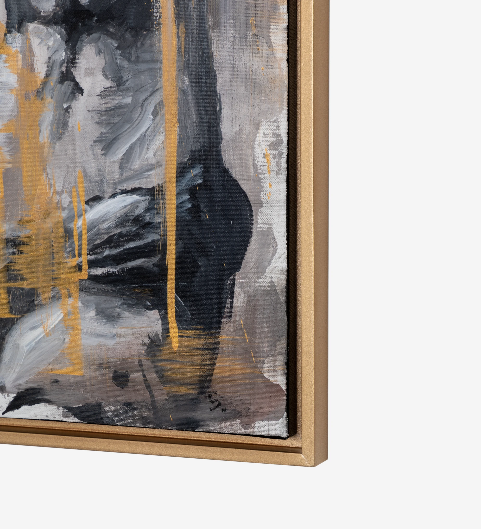 Cuadro abstracto en tonos grises y dorados, marco de madera color dorado, 64 x 84 cm.
