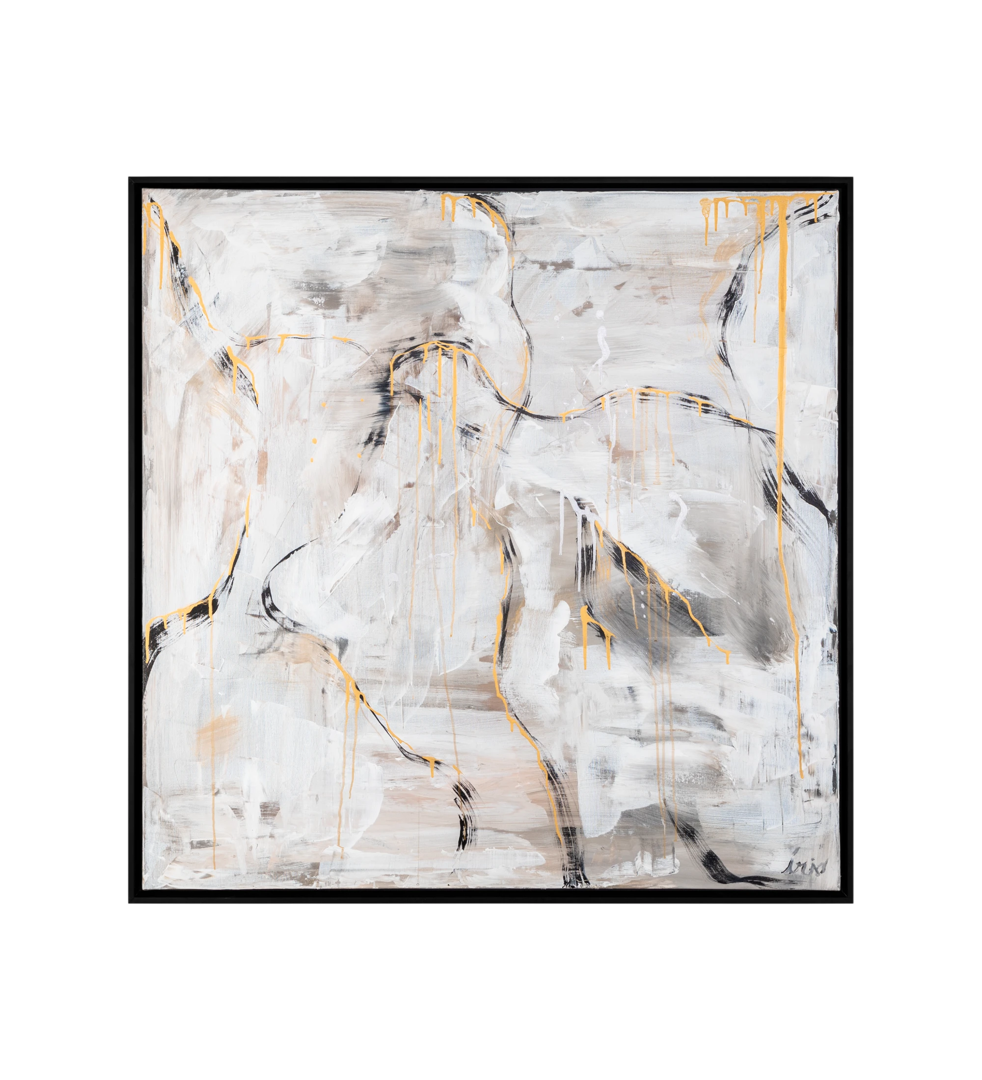 Abstract painting in gray and gold tones, black wooden frame, 104 x 104 cm.