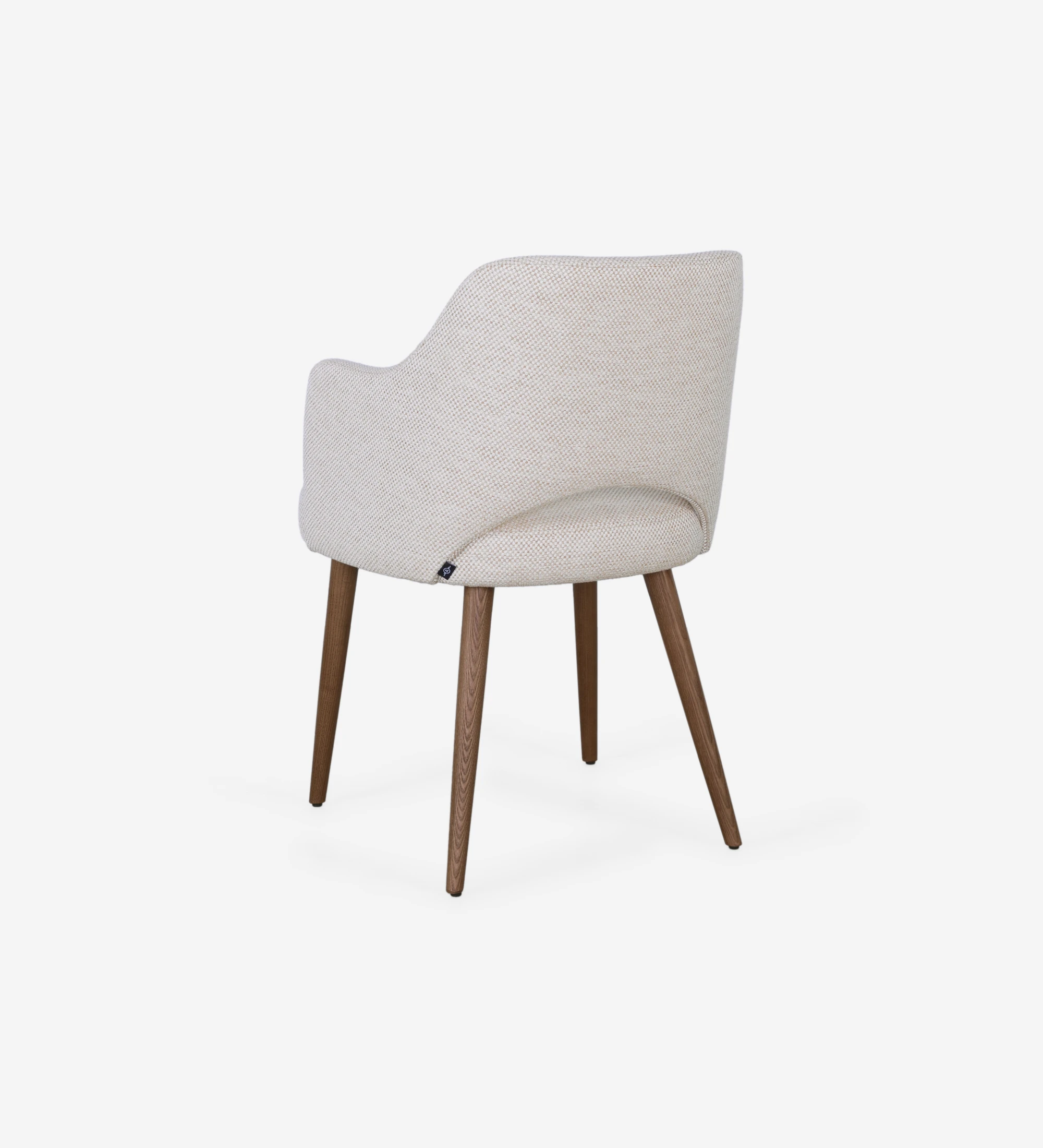 Chair with armrests upholstered in beige fabric and walnut wood base.