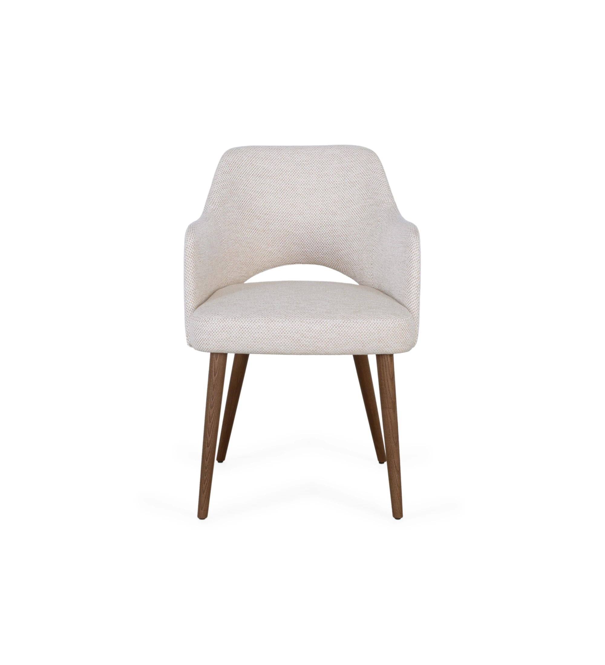 Chair with armrests upholstered in beige fabric and walnut wood base.