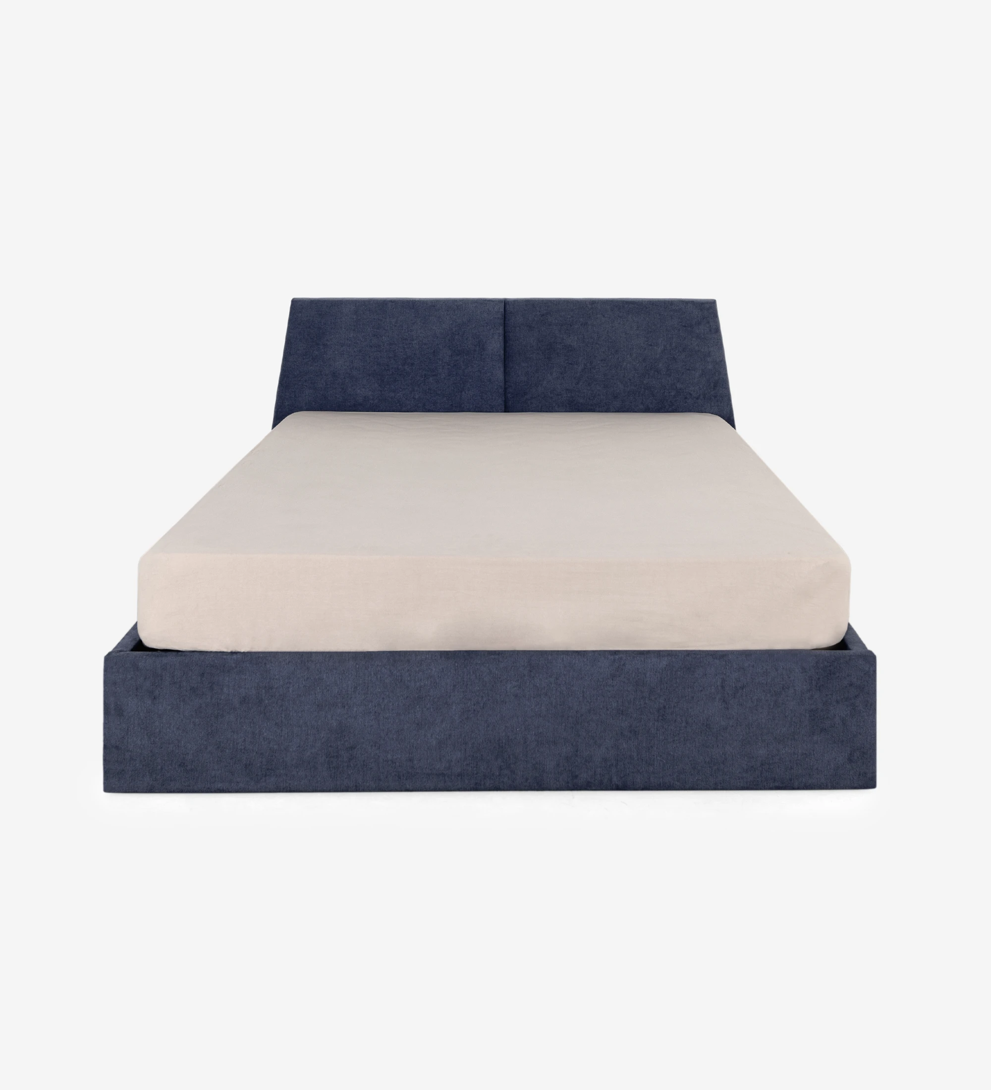 Oslo double bed, headboard and footboard upholstered in blue fabric, sides in natural oak.