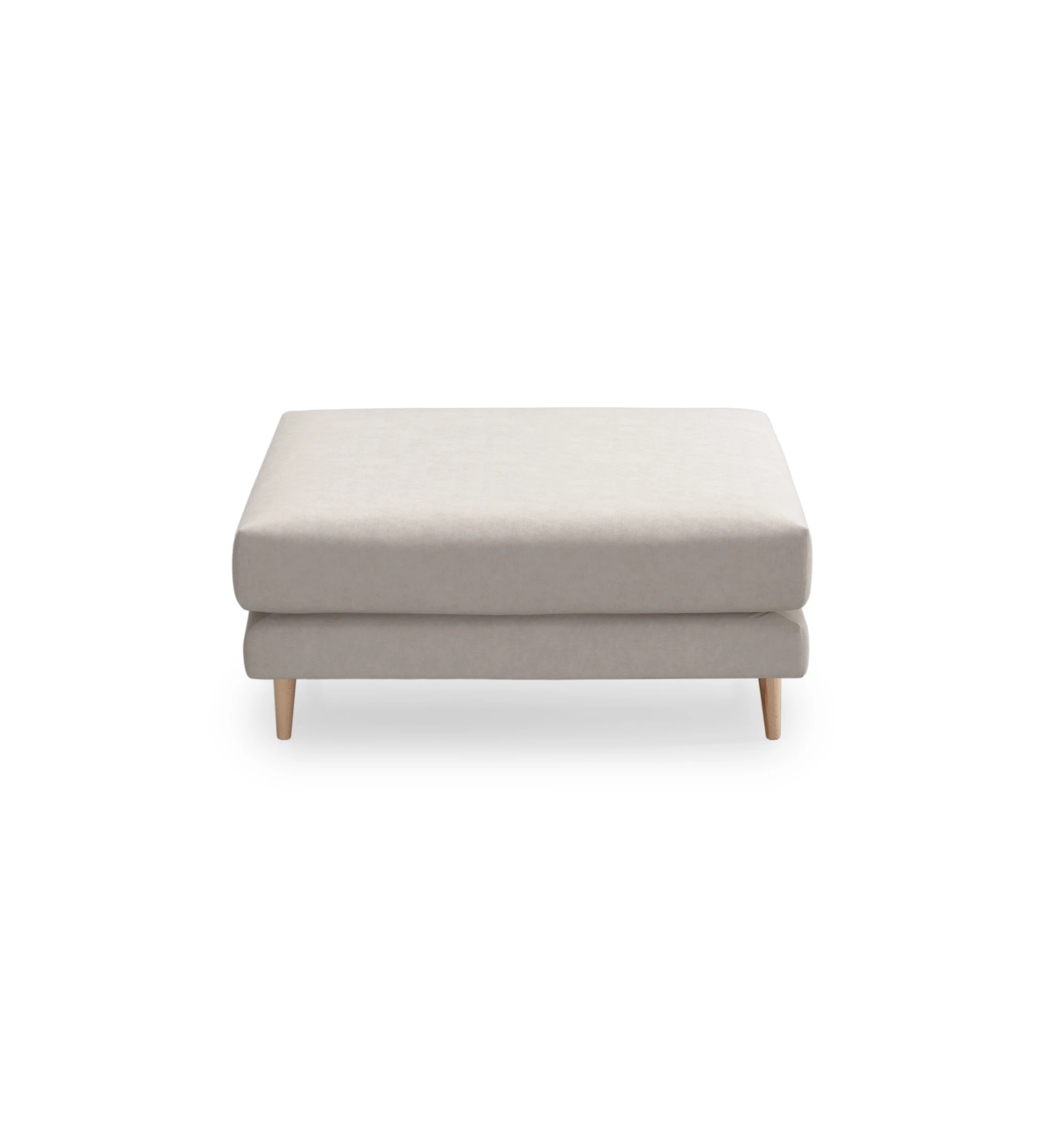 Oslo square puff, upholstered in fabric, beech wood legs in natural color, 95 x 95 cm.