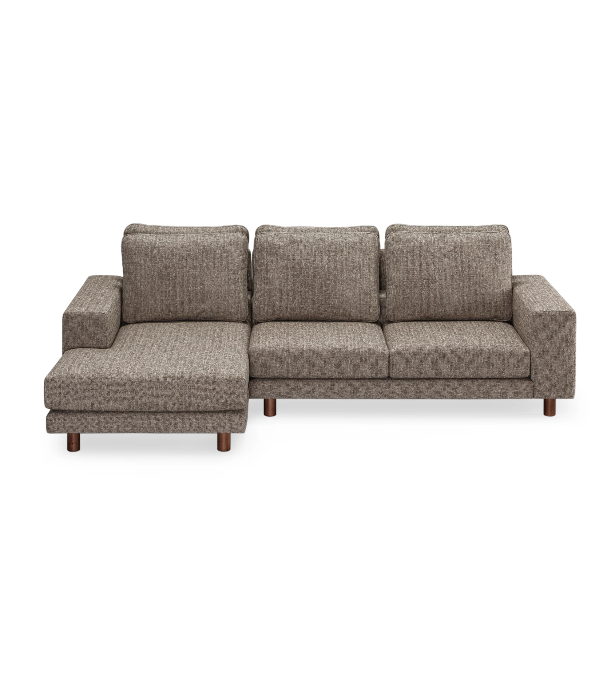 Dallas 2-seater sofa and chaise longue, upholstered in fabric, folding back cushions, walnut-colored feet, 273 cm.